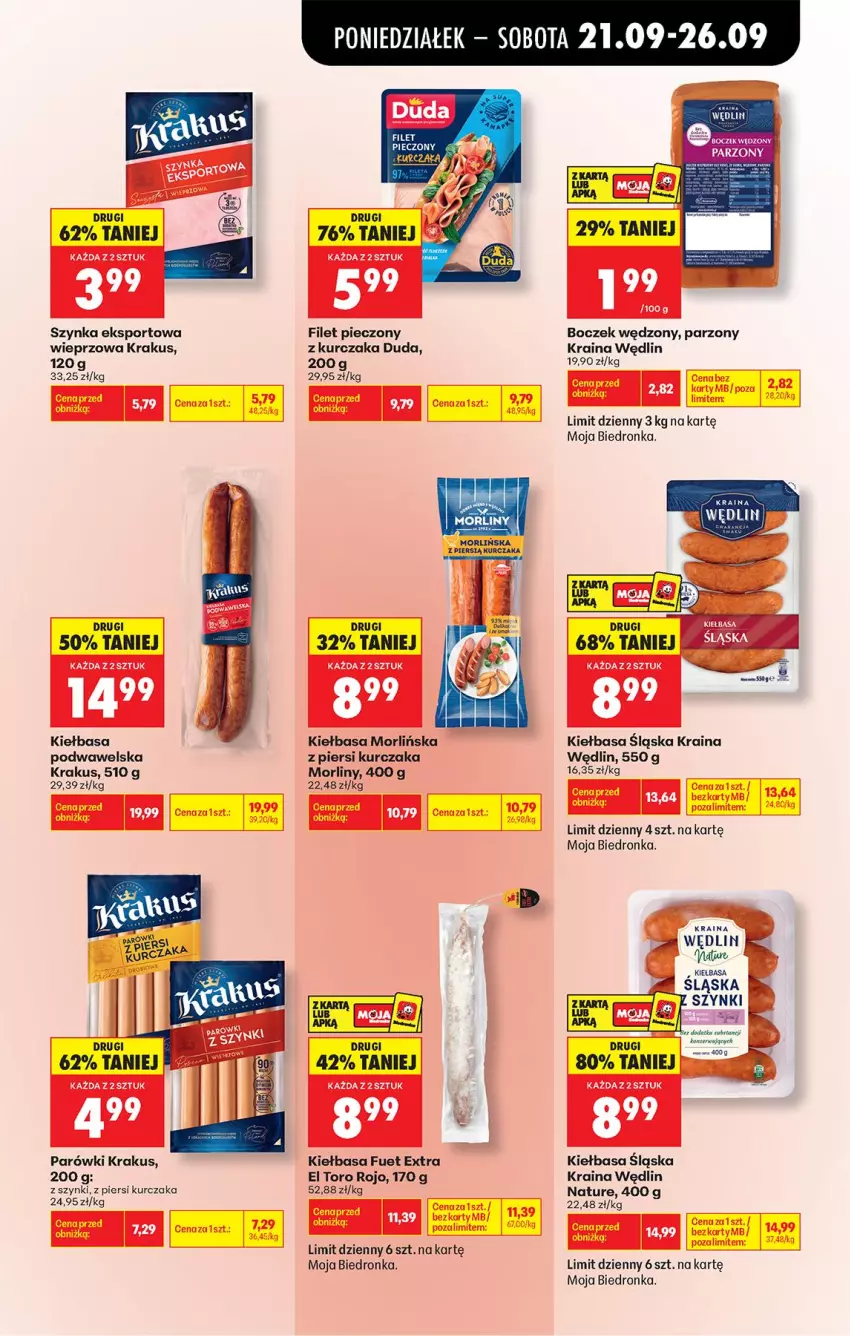 Gazetka promocyjna Biedronka - Od Poniedziałku - ważna 21.09 do 26.09.2026 - strona 51 - produkty: Boczek, Duda, Fa, Kiełbasa, Kiełbasa podwawelska, Kiełbasa śląska, Krakus, Kurczak, Morliny, Parówki, Piec, Por, Sport, Szynka, Wawel