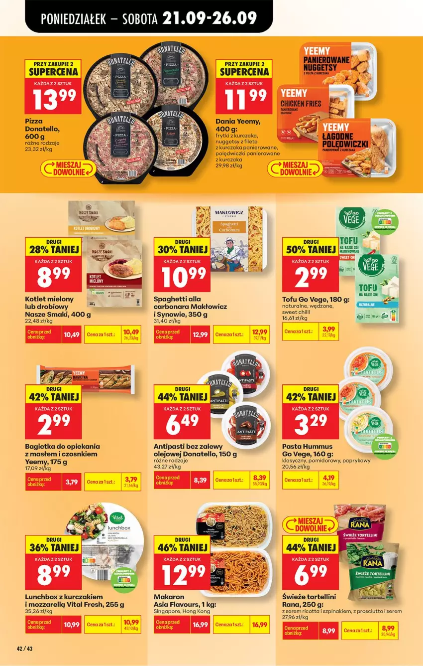 Gazetka promocyjna Biedronka - Od Poniedziałku - ważna 21.09 do 26.09.2026 - strona 66 - produkty: Bagietka, Fa, Frytki, Hummus, Kotlet, Kurczak, Makaron, Mus, Olej, Pizza, Polędwiczki panierowane, Por, Prosciutto, Rama, Ricotta, Ser, Spaghetti, Szpinak, Tofu