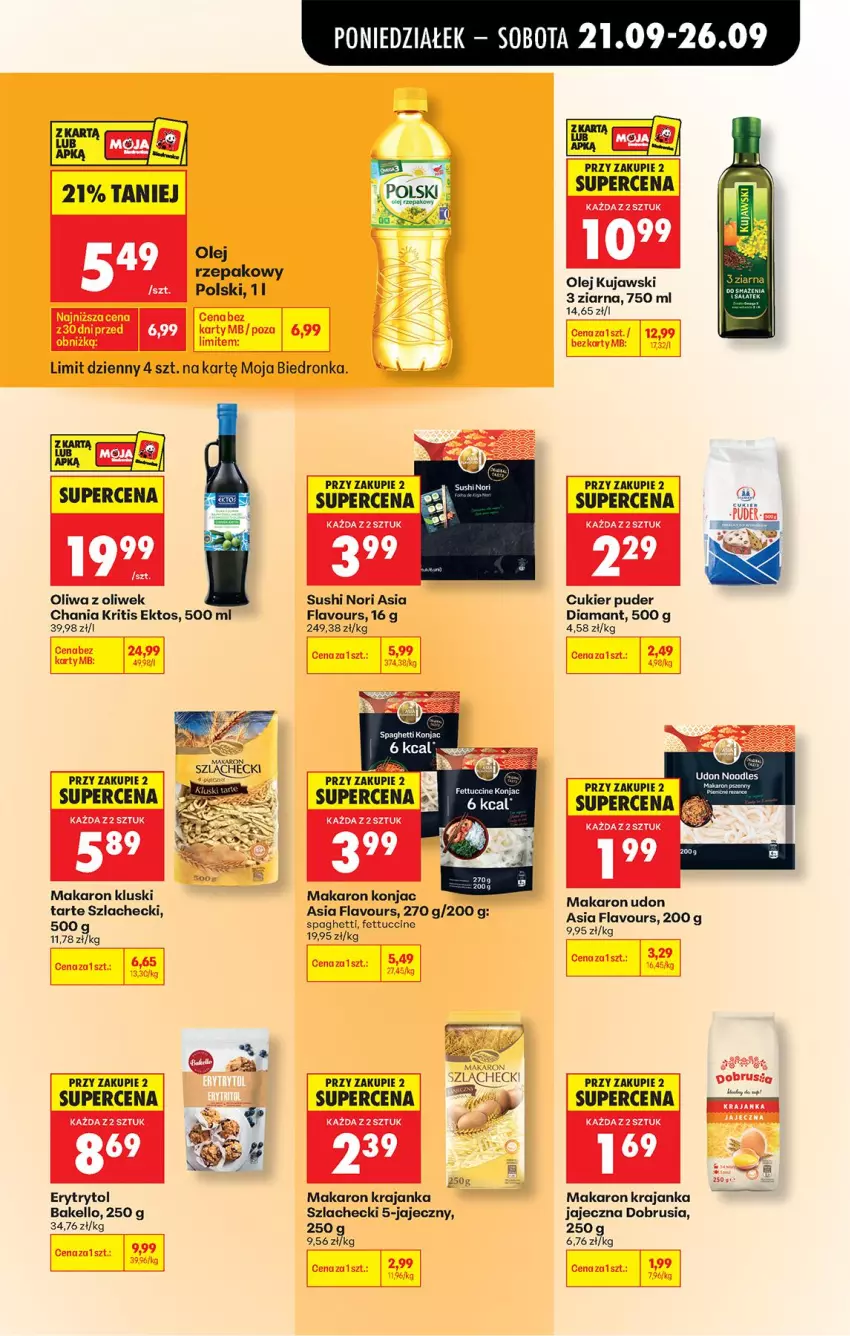 Gazetka promocyjna Biedronka - Od Poniedziałku - ważna 21.09 do 26.09.2026 - strona 67 - produkty: Cukier, Cukier puder, Diamant, Fa, Kujawski, LG, Makaron, Obrus, Olej, Olej rzepakowy, Oliwa, Oliwa z oliwek, Puder, Spaghetti, Sushi