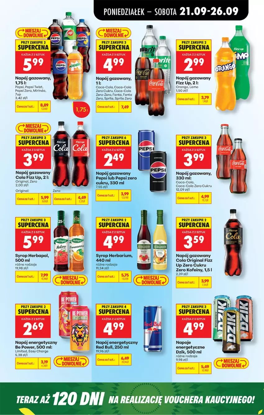 Gazetka promocyjna Biedronka - Od Poniedziałku - ważna 21.09 do 26.09.2026 - strona 79 - produkty: Coca-Cola, Fa, Fanta, Gin, Herbapol, Mirinda, Napój, Napój energetyczny, Napój gazowany, Napoje, Pepsi, Red Bull, Sprite, Syrop