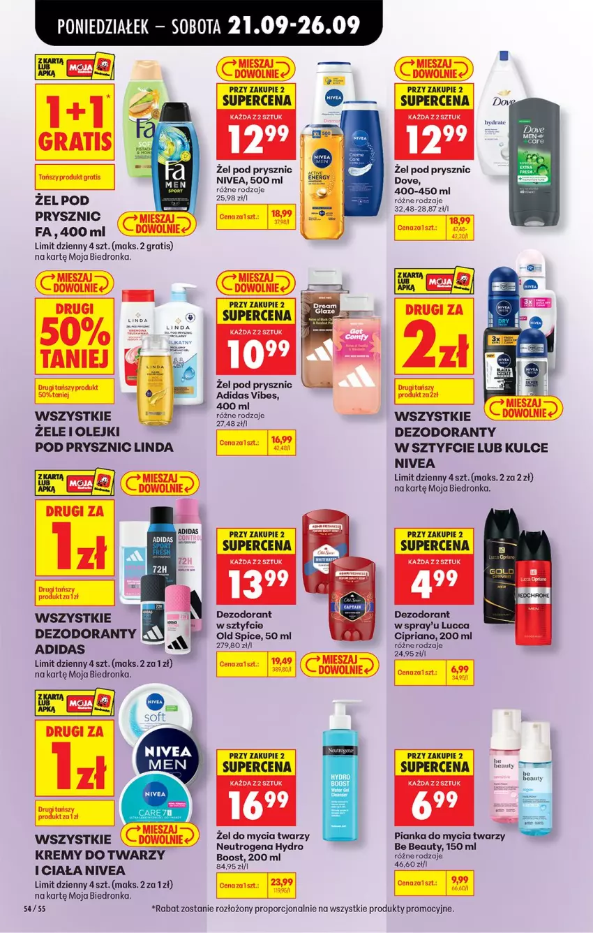 Gazetka promocyjna Biedronka - Od Poniedziałku - ważna 21.09 do 26.09.2026 - strona 84 - produkty: Adidas, Be Be, Dezodorant, Dove, Fa, Gra, Neutrogena, Nivea, Old Spice, Olej, Pianka do mycia twarzy, Por