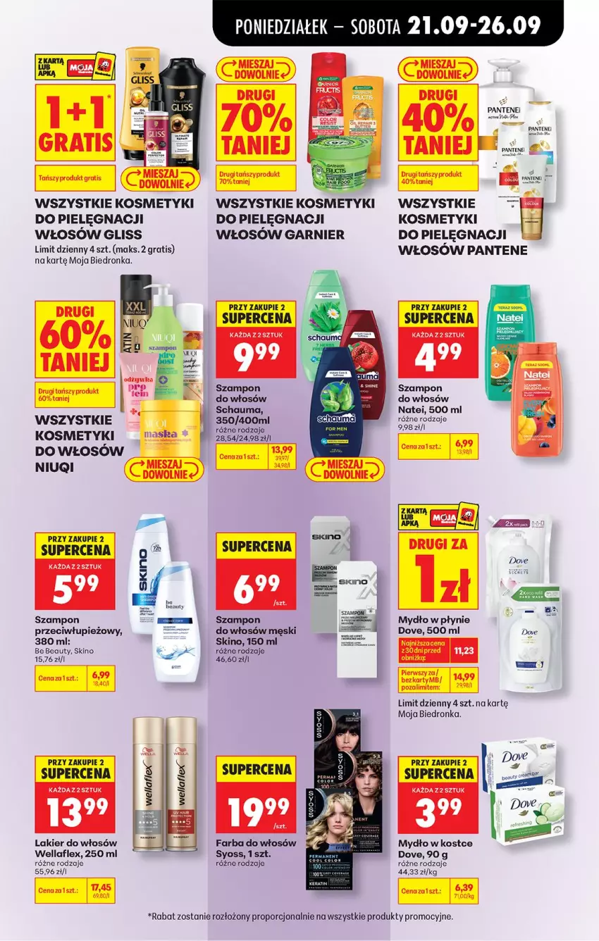 Gazetka promocyjna Biedronka - Od Poniedziałku - ważna 21.09 do 26.09.2026 - strona 85 - produkty: Be Be, Dove, Fa, Farba do włosów, Garnier, Gra, Lakier, Mydło, Mydło w płynie, Niuqi, Pantene, Por, Schauma, Syoss, Szampon, Wella, Wellaflex