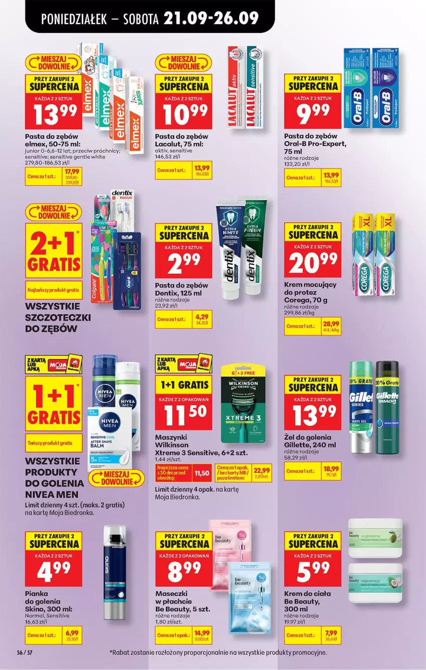 Gazetka promocyjna Biedronka - Od Poniedziałku - ważna 21.09 do 26.09.2026 - strona 86 - produkty: Be Be, Corega, Elmex, Gillette, Gra, Krem do ciała, Lacalut, Nivea, Nivea Men, Pasta do zębów, Pianka do golenia, Por