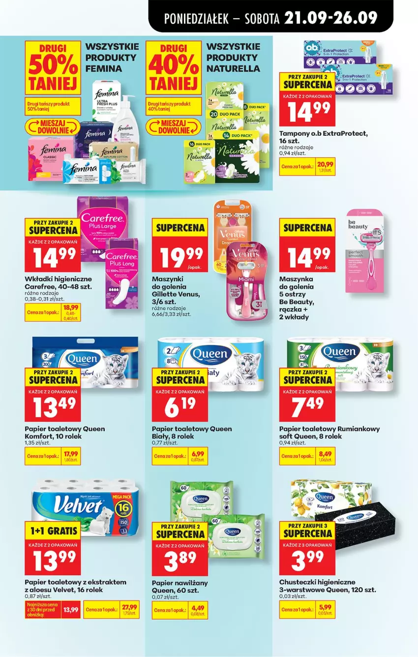 Gazetka promocyjna Biedronka - Od Poniedziałku - ważna 21.09 do 26.09.2026 - strona 87 - produkty: Be Be, Carefree, Chusteczki, Gillette, Gillette Venus, Maszynka, Maszynka do golenia, Naturell, Naturella, Papier, Papier toaletowy, Rum, Szynka, Tampony, Velvet, Venus, Wkładki