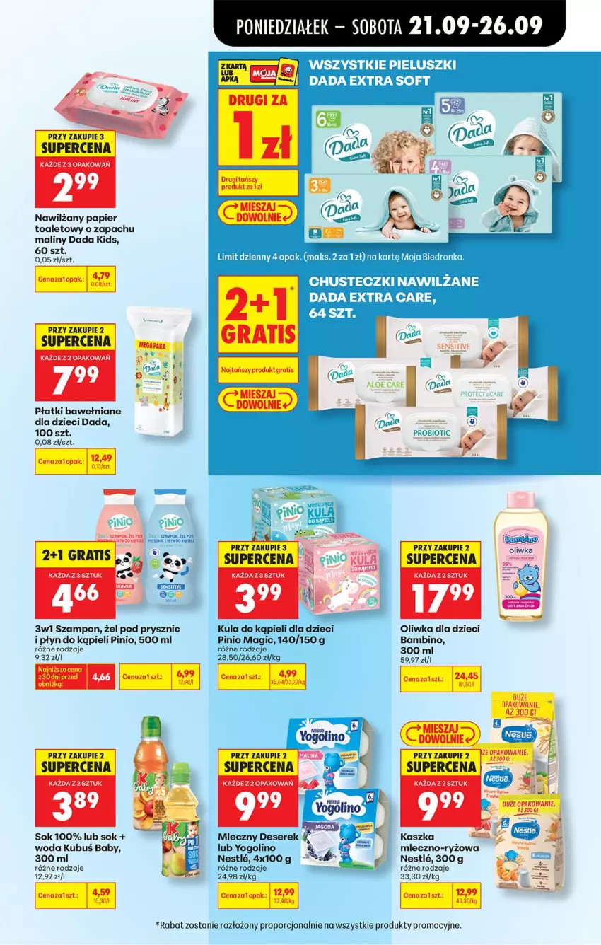 Gazetka promocyjna Biedronka - Od Poniedziałku - ważna 21.09 do 26.09.2026 - strona 91 - produkty: Chusteczki, Dada, Deser, Dzieci, Kubuś, Kula do kąpieli, Maliny, Oliwka dla dzieci, Papier, Papier toaletowy, Płyn do kąpieli, Por, Ryż, Ser, Serek, Sok, Szampon, Woda