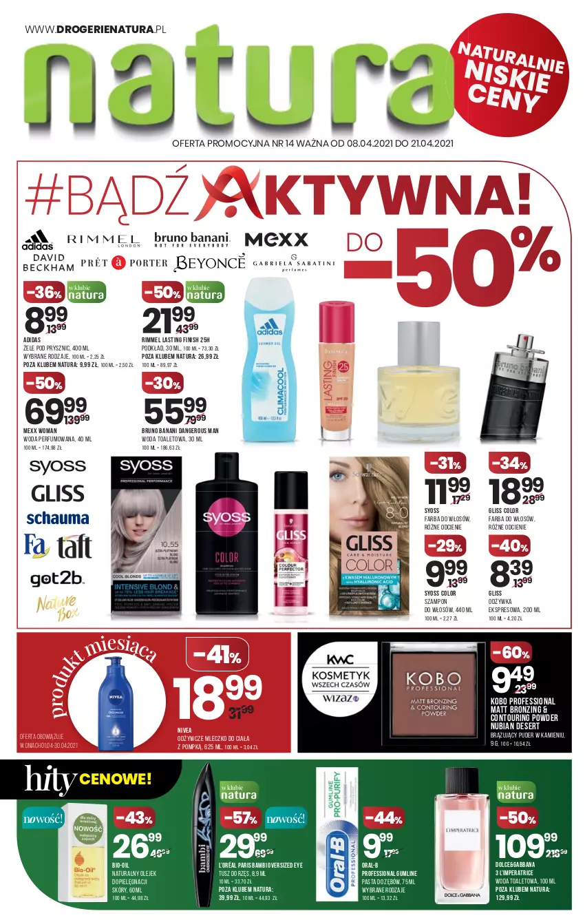 Gazetka promocyjna Drogerie Natura - Gazetka Drogerie Natura - ważna 08.04 do 21.04.2021 - strona 1 - produkty: Adidas, Bio-Oil, Bruno Banani, Deser, Fa, Farba do włosów, Finish, KOBO, L’Oréal, Mexx, Mleczko, Mleczko do ciała, Nivea, Odżywka, Olej, Pasta do zębów, Perfum, Podkład, Puder, Ser, Syoss, Szampon, Tusz, Woda, Woda perfumowana, Woda toaletowa