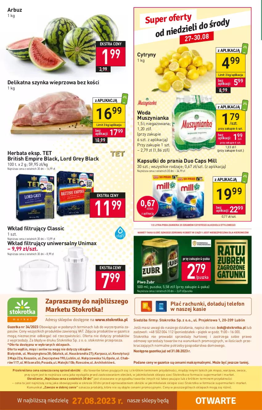 Gazetka promocyjna Stokrotka - Market - ważna 24.08 do 30.08.2023 - strona 15 - produkty: Arbuz, Brit, Cytryny, Herbata, Kapsułki do prania, Karp, Kosz, Lack, Mięso, Mus, Muszynianka, O nas, Owoce, Piwo, Ser, Szal, Szynka, Szynka wieprzowa, Telefon, Wagi, Warzywa, Wilson, Wkład filtrujący, Woda