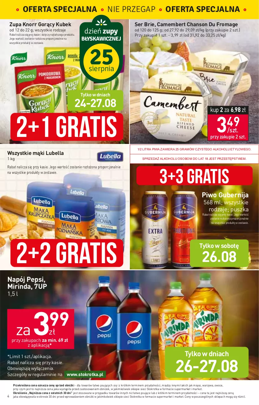 Gazetka promocyjna Stokrotka - Market - ważna 24.08 do 30.08.2023 - strona 5 - produkty: 7up, Bell, Bella, Brie, Camembert, Gra, Knorr, Kubek, Lubella, Mięso, Mirinda, Napój, Owoce, Pepsi, Piwa, Piwo, Por, Ser, Warzywa, Zupa