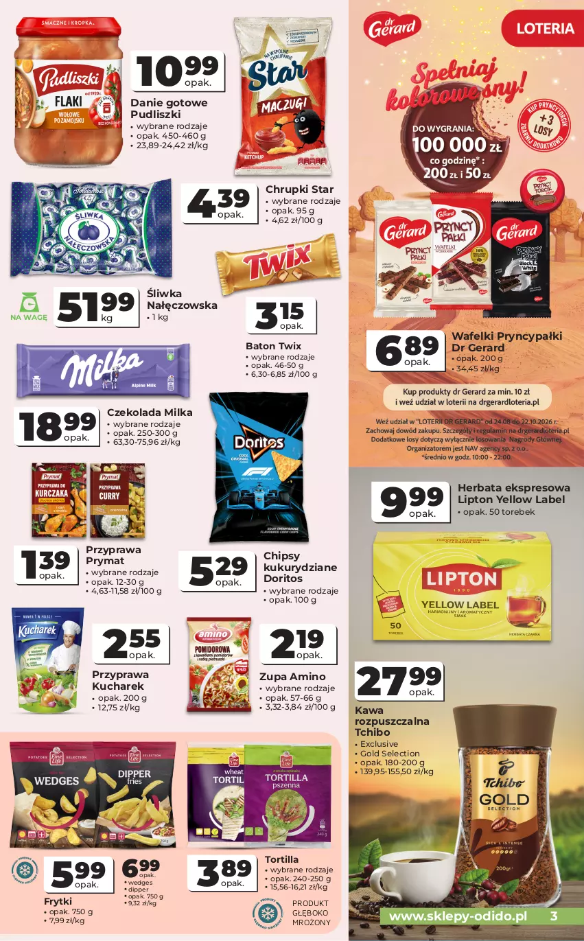 Gazetka promocyjna Odido - Gazetka Odido - ważna 30.09 do 13.10.2026 - strona 3 - produkty: Baton, Chipsy, Chrupki, Czekolada, Danie gotowe, Dr Gerard, Frytki, Herbata, Kawa, Kawa rozpuszczalna, Kucharek, Lipton, Milka, Prymat, Pudliszki, Tchibo, Tortilla, Twix, Zupa