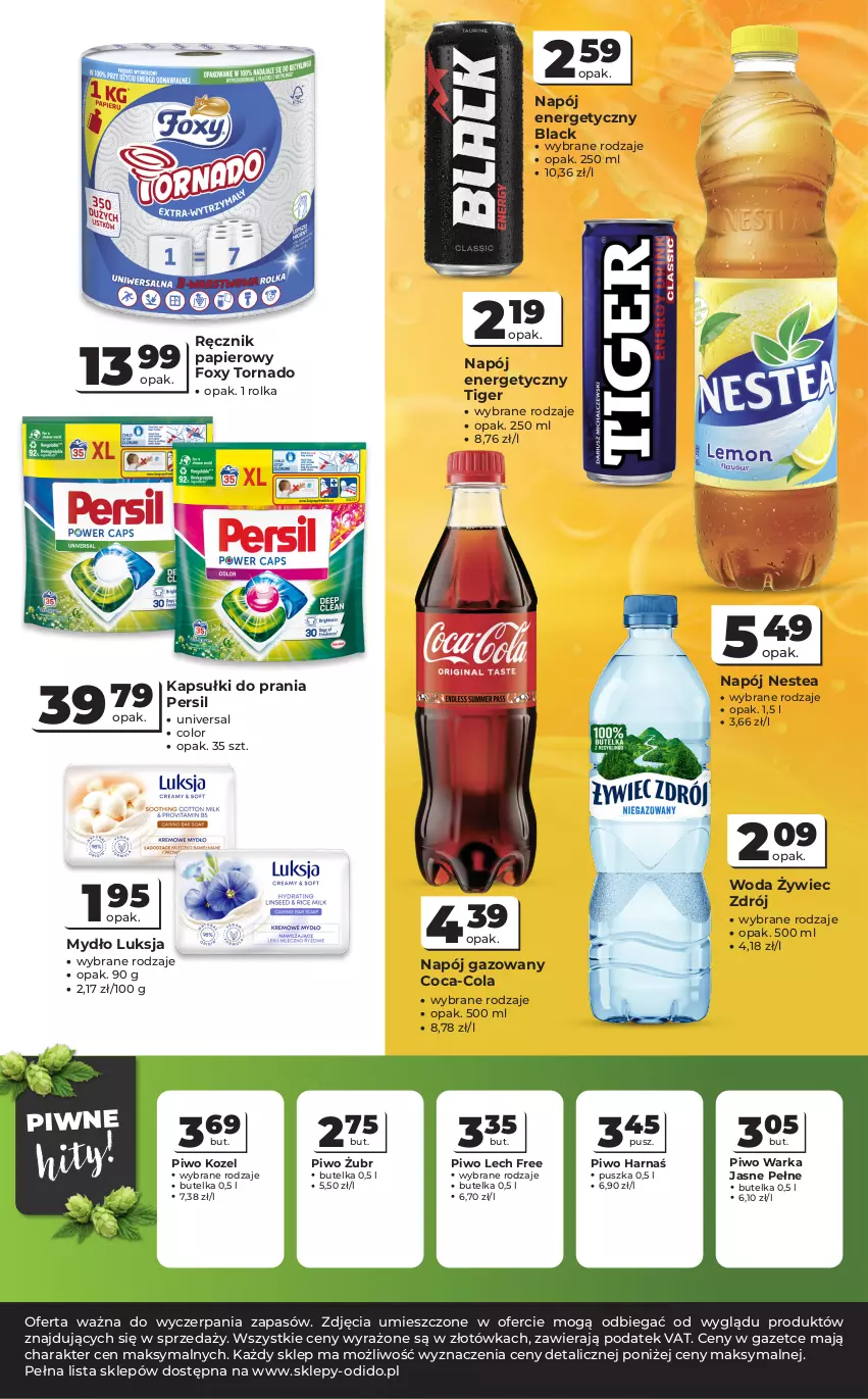Gazetka promocyjna Odido - Gazetka Odido - ważna 30.09 do 13.10.2026 - strona 4 - produkty: Coca-Cola, Foxy, Harnaś, Kapsułki do prania, Kozel, Lack, Luksja, Mydło, Napój, Napój energetyczny, Napój gazowany, Nestea, Papier, Persil, Piwo, Ręcznik, Tiger, Warka, Woda