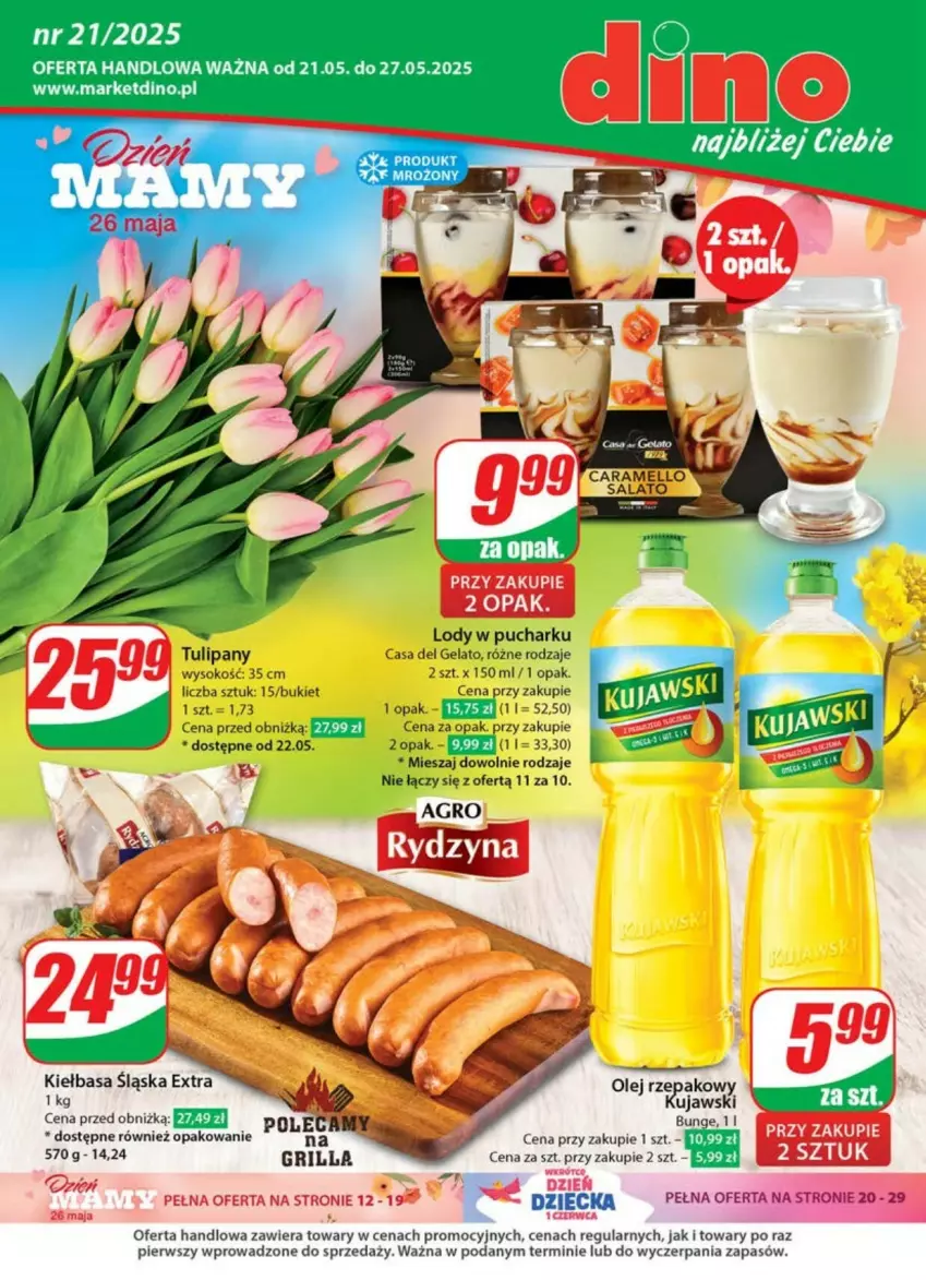 Gazetka promocyjna Dino - ważna 21.05 do 26.05.2025 - strona 1 - produkty: Bukiet, Grill, Kiełbasa, Kiełbasa śląska, Lody, Olej, Sok, Tulipan