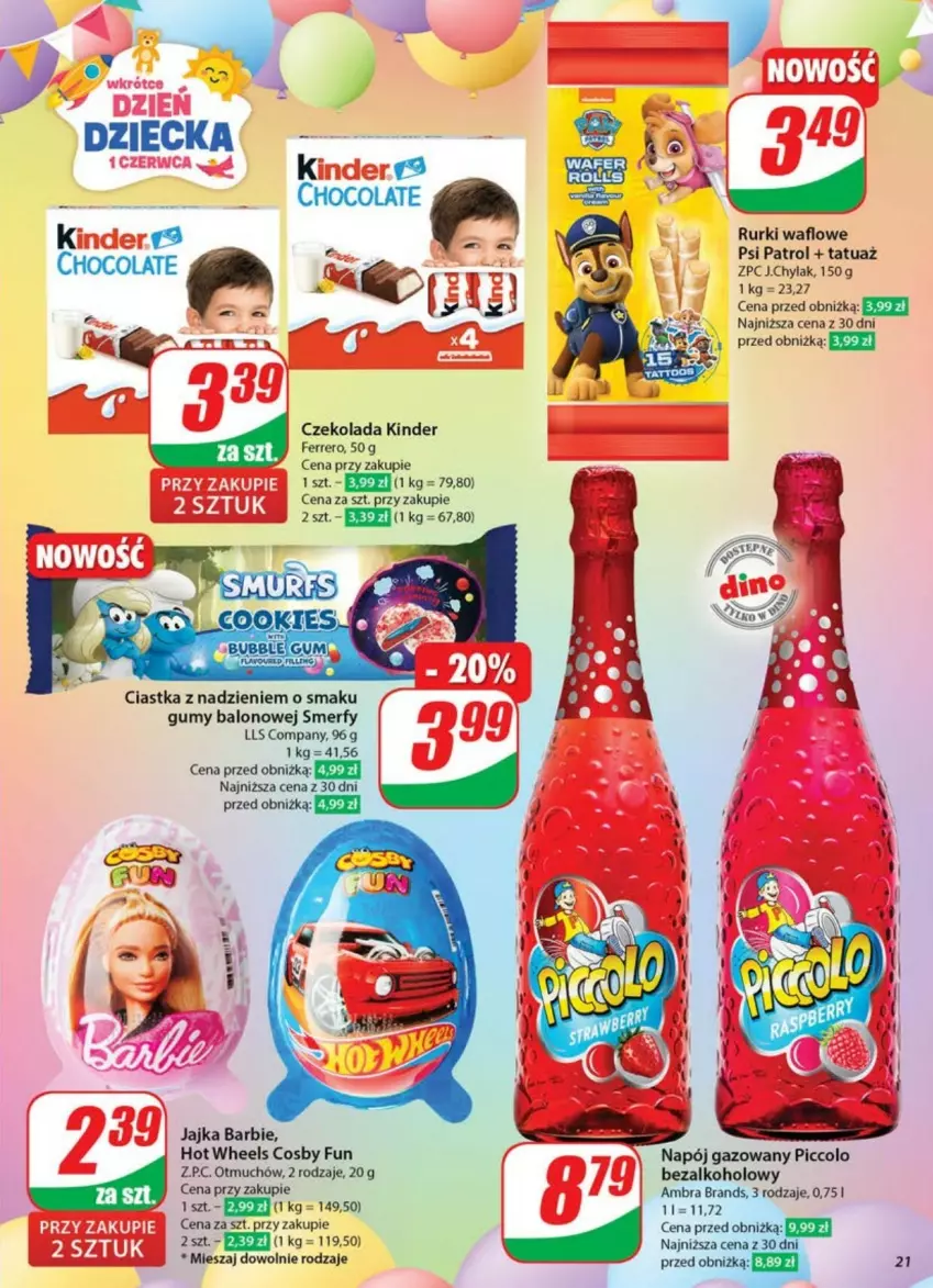 Gazetka promocyjna Dino - ważna 21.05 do 26.05.2025 - strona 14 - produkty: Barbie, Ciastka, Czekolada, Ferrero, Hot Wheels, Kinder, Napój, Napój gazowany, Psi Patrol, Rurki