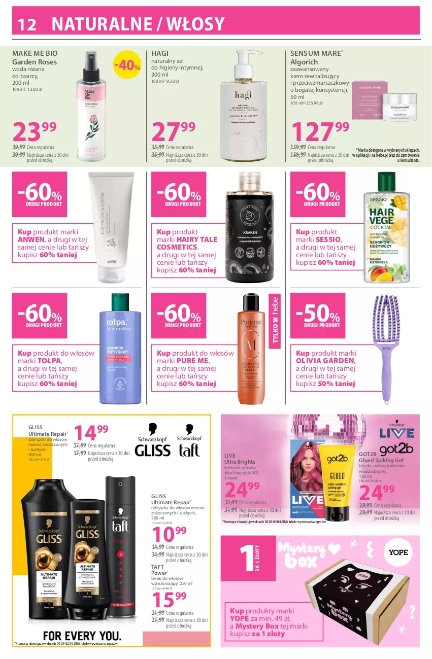 Gazetka promocyjna Hebe - Gazetka - ważna 19.03 do 02.04.2026 - strona 12 - produkty: Fa, Farba do włosów, Got2b, Klej, Lakier, Lakier do włosów, LG, Mars, Odżywka, Por, Pur, Róża, SESSIO, Szampon, Taft, Tołpa, Woda, Yope