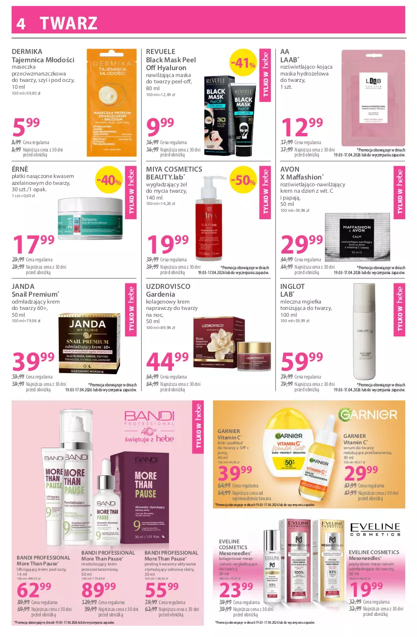 Gazetka promocyjna Hebe - Gazetka - ważna 19.03 do 02.04.2026 - strona 4 - produkty: Bandi, Dermika, Eveline, Fa, Garnier, Kolagen, Krem do twarzy, Krem na dzień, Krem pod oczy, Lack, Mars, Maska, Maska do twarzy, Miya Cosmetics, Peeling, Podkład, Podkład do twarzy, Revuele, Rum, Ser, Serum, Serum do twarzy