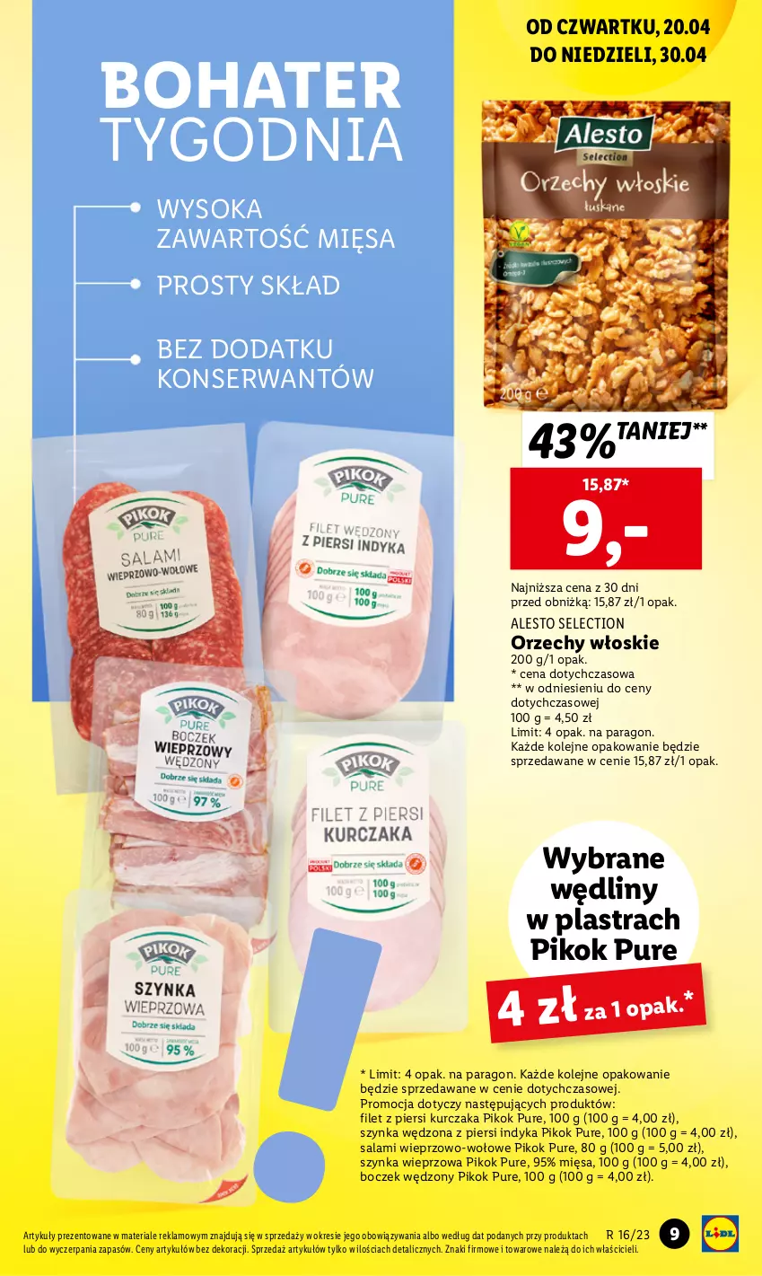 Gazetka promocyjna Lidl - GAZETKA - ważna 20.04 do 22.04.2023 - strona 11 - produkty: Boczek, Filet z piersi kurczaka, Kurczak, Olej, Orzechy włoskie, PIKOK, Pur, Salami, Ser, Sok, Szynka, Szynka wieprzowa