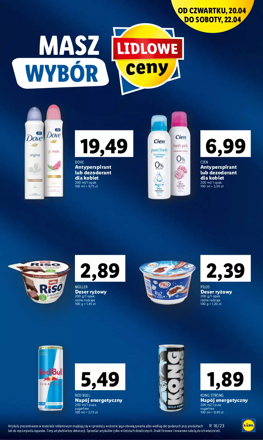 Gazetka promocyjna Lidl - GAZETKA - ważna 20.04 do 22.04.2023 - strona 13 - produkty: Antyperspirant, Deser, Dezodorant, Dove, Müller, Napój, Napój energetyczny, Pilos, Red Bull, Ryż, Ser