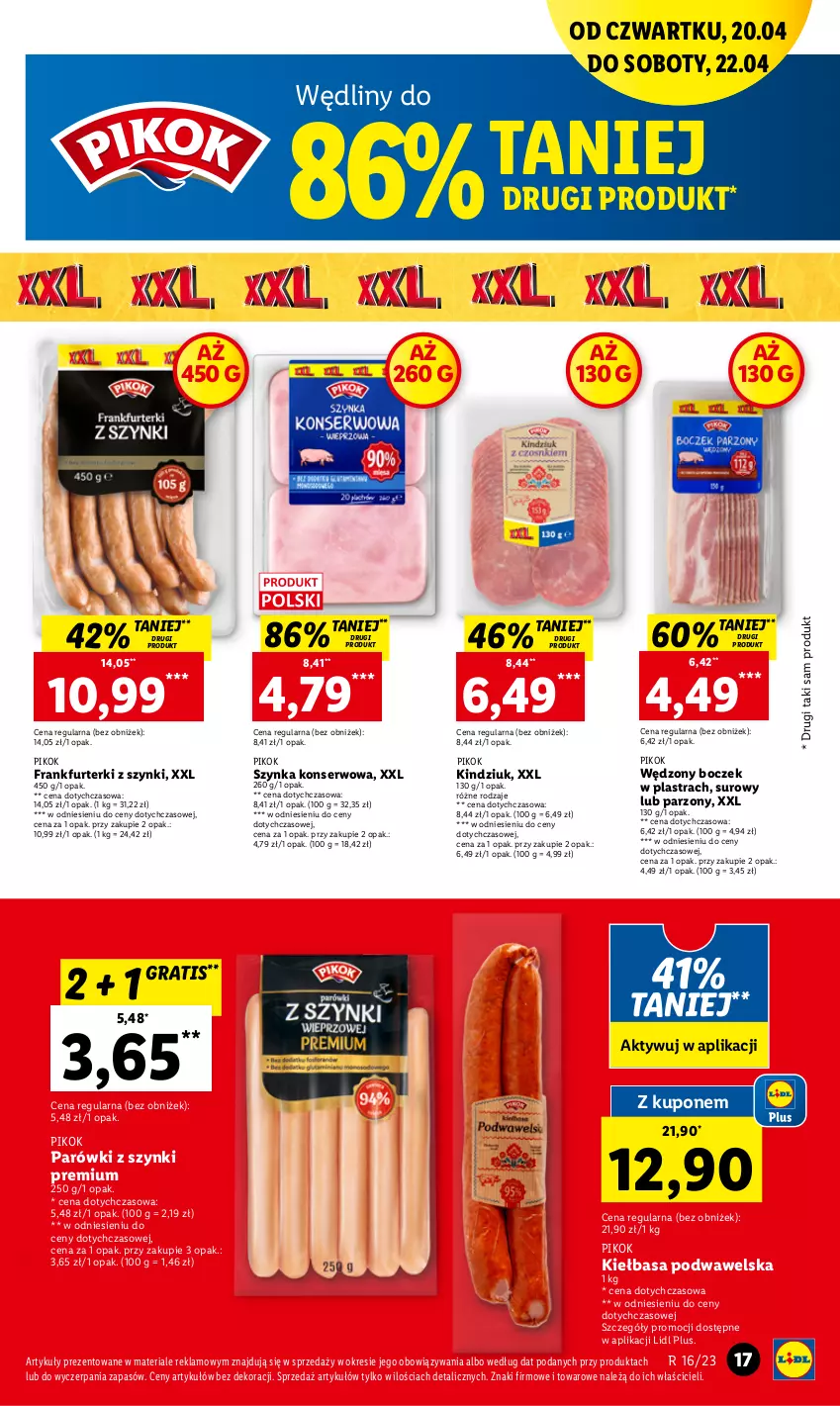 Gazetka promocyjna Lidl - GAZETKA - ważna 20.04 do 22.04.2023 - strona 23 - produkty: Boczek, Frankfurterki, Gra, Kiełbasa, Kiełbasa podwawelska, Kindziuk, Parówki, Parówki z szynki, PIKOK, Ser, Szynka, Szynka konserwowa, Wawel