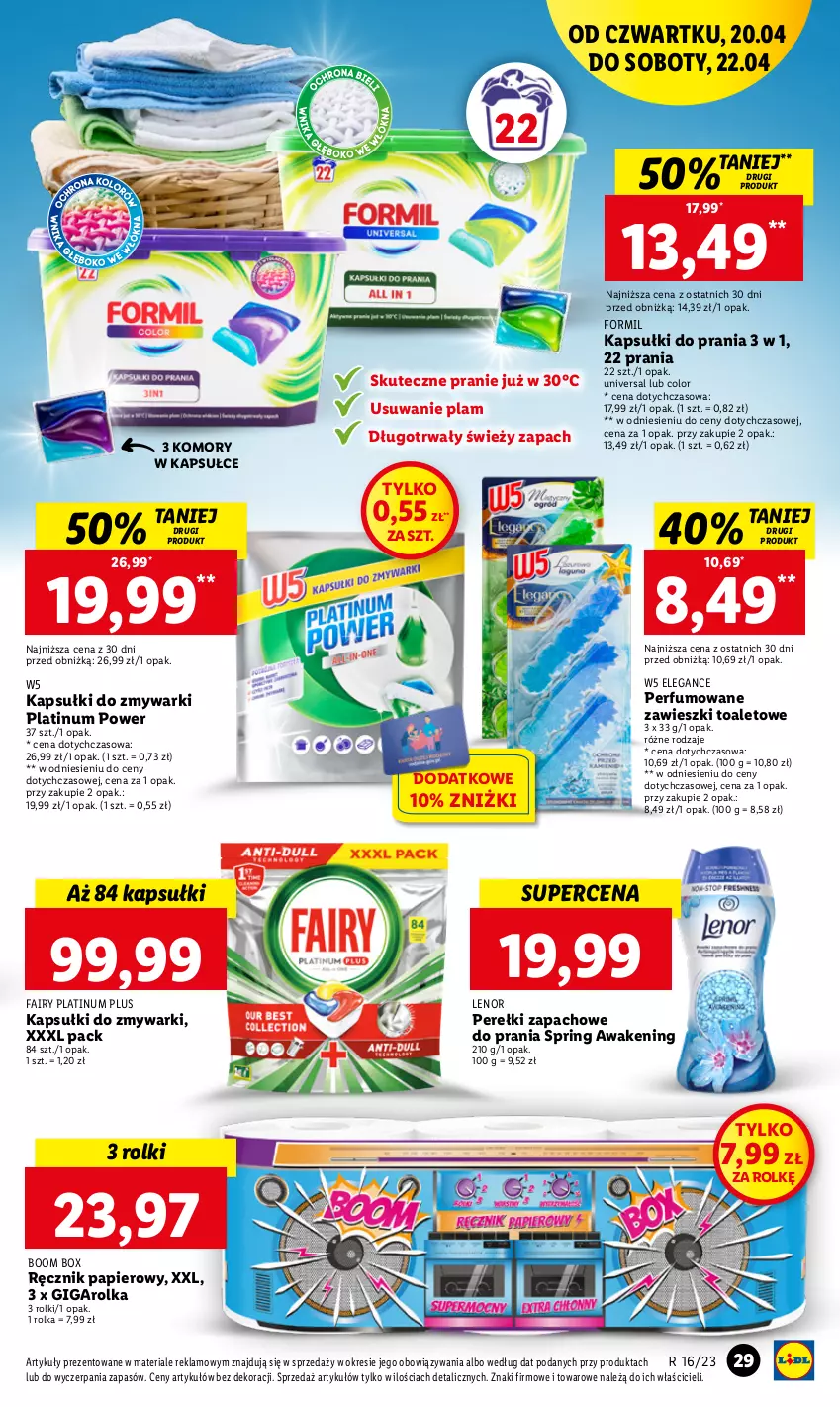 Gazetka promocyjna Lidl - GAZETKA - ważna 20.04 do 22.04.2023 - strona 37 - produkty: Fa, Fairy, Kapsułki do prania, Lenor, Papier, Perełki zapachowe, Perfum, Ręcznik, Rolki, Zawieszki, Zmywarki