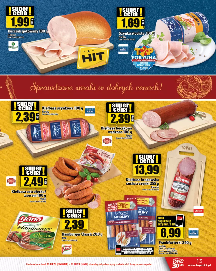 Gazetka promocyjna Topaz - Gazetka - ważna 17.08 do 23.08.2023 - strona 13 - produkty: Burger, Frankfurterki, Hamburger, Kiełbasa, Kiełbasa szynkowa, Koc, Morliny, Pekpol