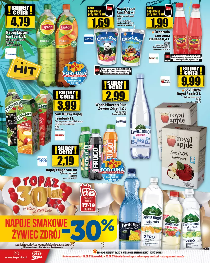 Gazetka promocyjna Topaz - Gazetka - ważna 17.08 do 23.08.2023 - strona 20 - produkty: Hellena, Napój, Napoje, Oranżada, Por, Sok, Top, Truskawki, Tymbark, Woda