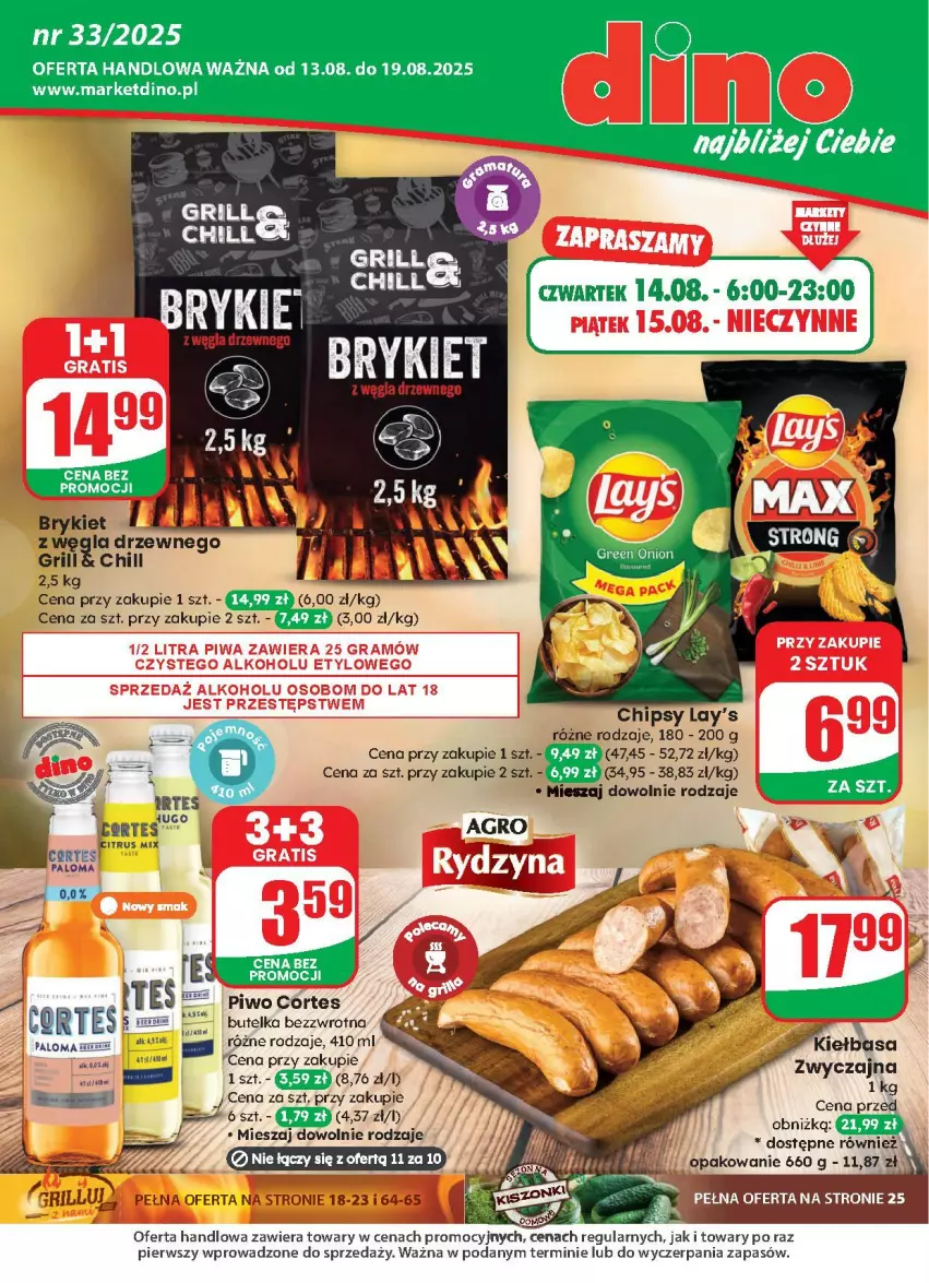 Gazetka promocyjna Dino - ważna 13.08 do 19.08.2025 - strona 1 - produkty: Cars, Chipsy, Fa, Grill, JBL, Kiełbasa, Mus, Piwo