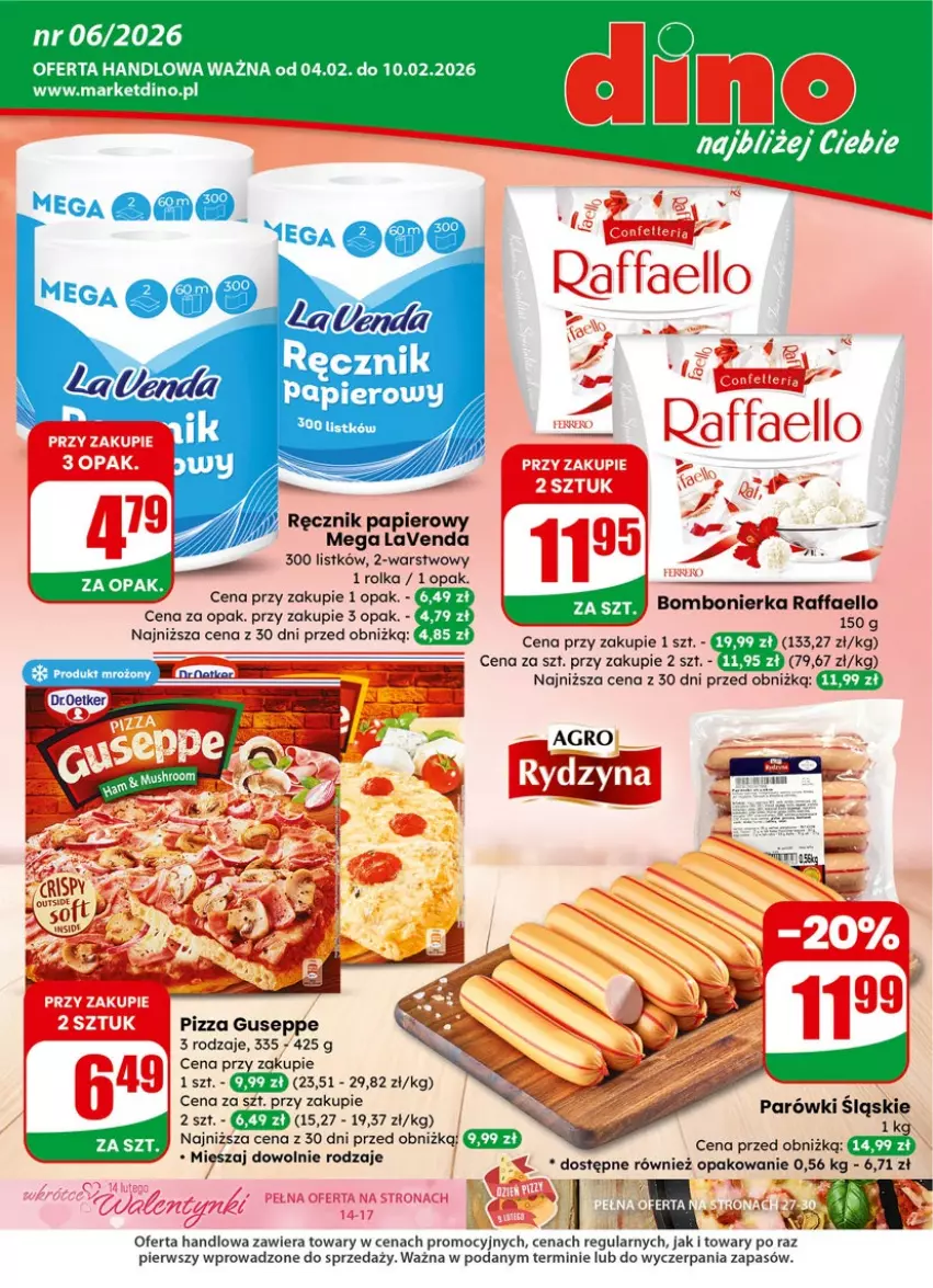 Gazetka promocyjna Dino - Gazetka 06 / 2026 - ważna 04.02 do 10.02.2026 - strona 1 - produkty: Fa, JBL, Parówki, Pizza, Raffaello, Ręcznik