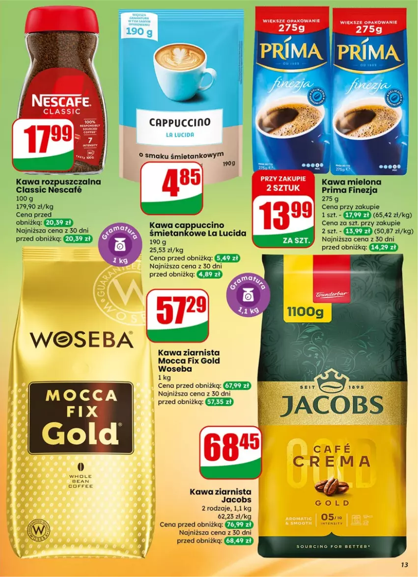 Gazetka promocyjna Dino - Gazetka 06 / 2026 - ważna 04.02 do 10.02.2026 - strona 13 - produkty: Cappuccino, Jacobs, Kawa, Kawa mielona, Kawa rozpuszczalna, Kawa ziarnista, Mocca Fix Gold, Prima, Woseba