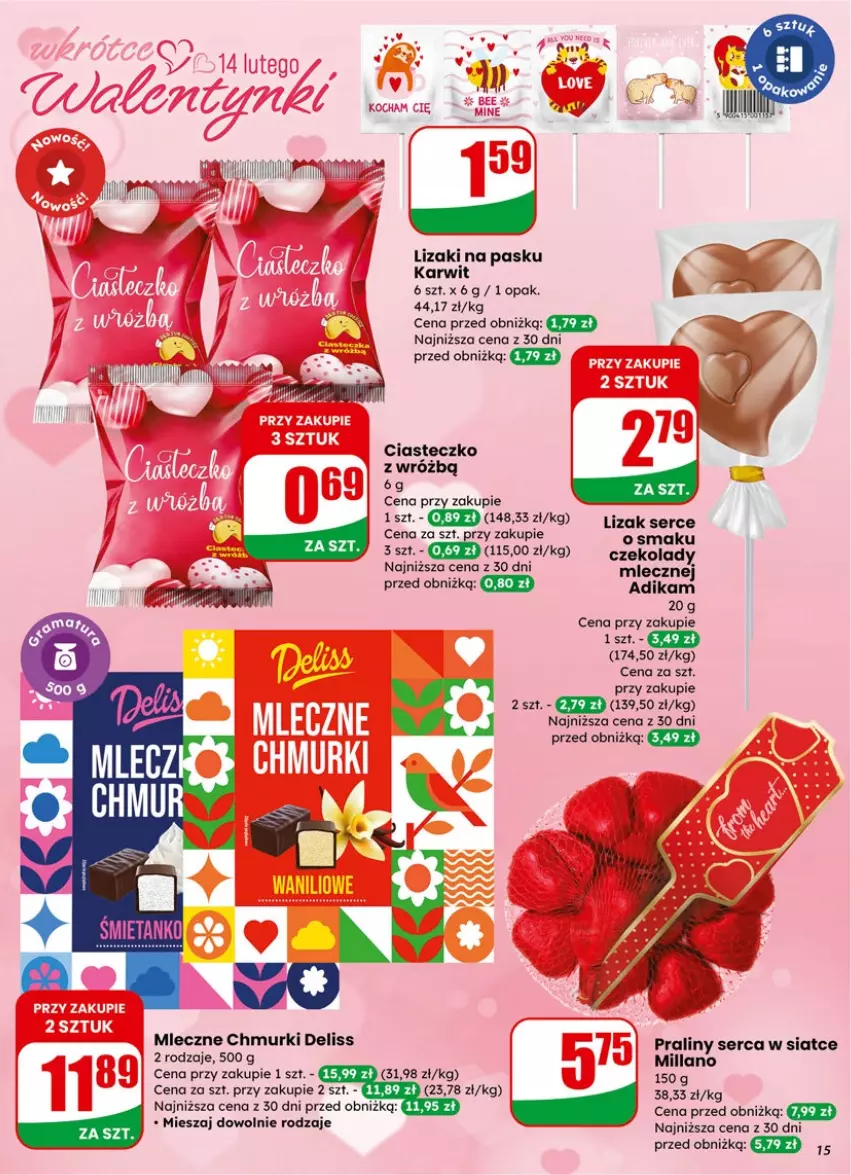 Gazetka promocyjna Dino - Gazetka 06 / 2026 - ważna 04.02 do 10.02.2026 - strona 15 - produkty: Deliss, Koc, Lizaki, Praliny, Ser