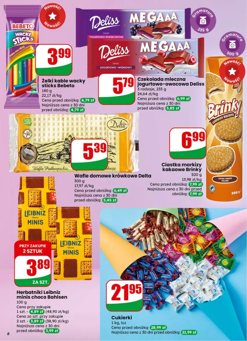Gazetka promocyjna Dino - Gazetka 06 / 2026 - ważna 04.02 do 10.02.2026 - strona 8 - produkty: Ciastka, Cukier, Cukierki, Czekolada, Czekolada mleczna, Deliss, Herbatniki, Jogurt, Kakao, Wafle