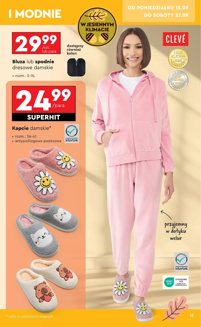 Gazetka promocyjna Biedronka - Okazje Tygodnia - ważna 15.09 do 27.09.2025 - strona 19 - produkty: Bluza, Dres, Kapcie, Spodnie, Spodnie dresowe, Stek