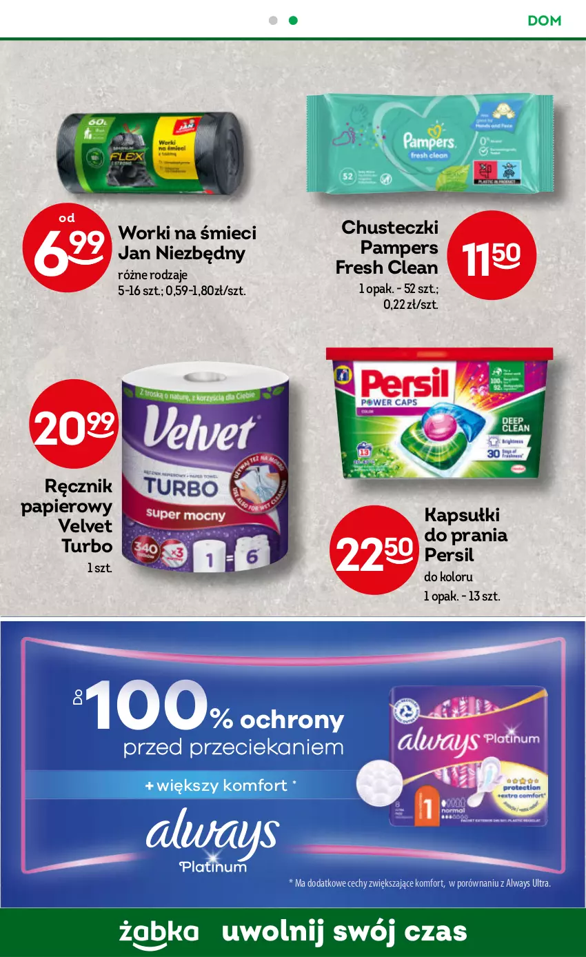 Gazetka promocyjna Żabka - ważna 08.11 do 21.11.2023 - strona 51 - produkty: Always, Always Ultra, Chusteczki, Jan Niezbędny, Kapsułki do prania, Pampers, Papier, Persil, Por, Ręcznik, Velvet, Worki na śmiec, Worki na śmieci