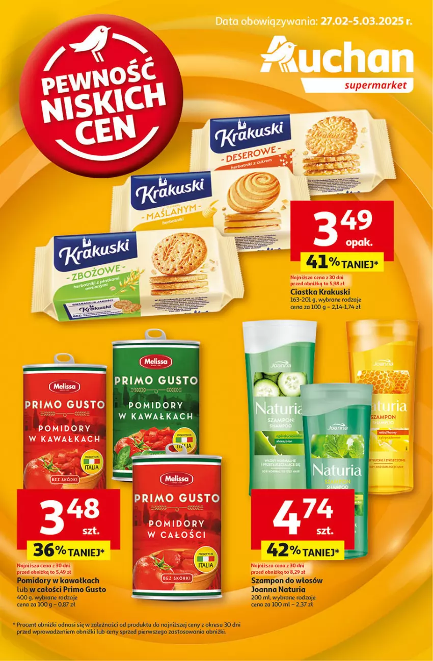 Gazetka promocyjna Auchan - Pewność Niskich Cen Supermarket - ważna 27.02 do 05.03.2025 - strona 1 - produkty: Ciastka, Kawa, Krakus, Krakuski, Pomidory, Pomidory w kawałkach, Szampon