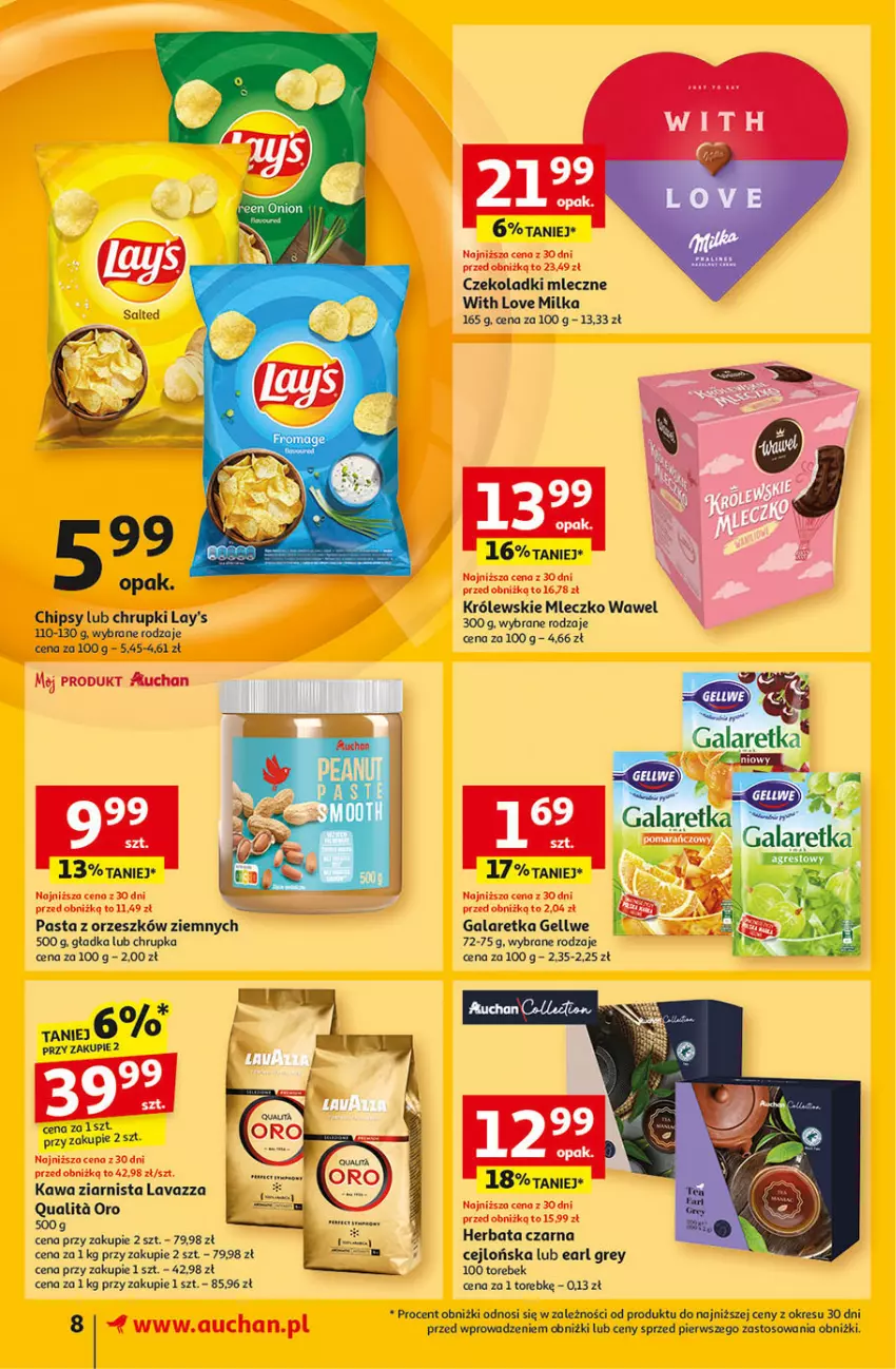 Gazetka promocyjna Auchan - Pewność Niskich Cen Supermarket - ważna 27.02 do 05.03.2025 - strona 10 - produkty: Chipsy, Chrupki, Earl Grey, Gala, Galaretka, Herbata, Herbata czarna, Kawa, Kawa ziarnista, Królewski, Królewskie Mleczko, Lavazza, Milka, Mleczko, Wawel