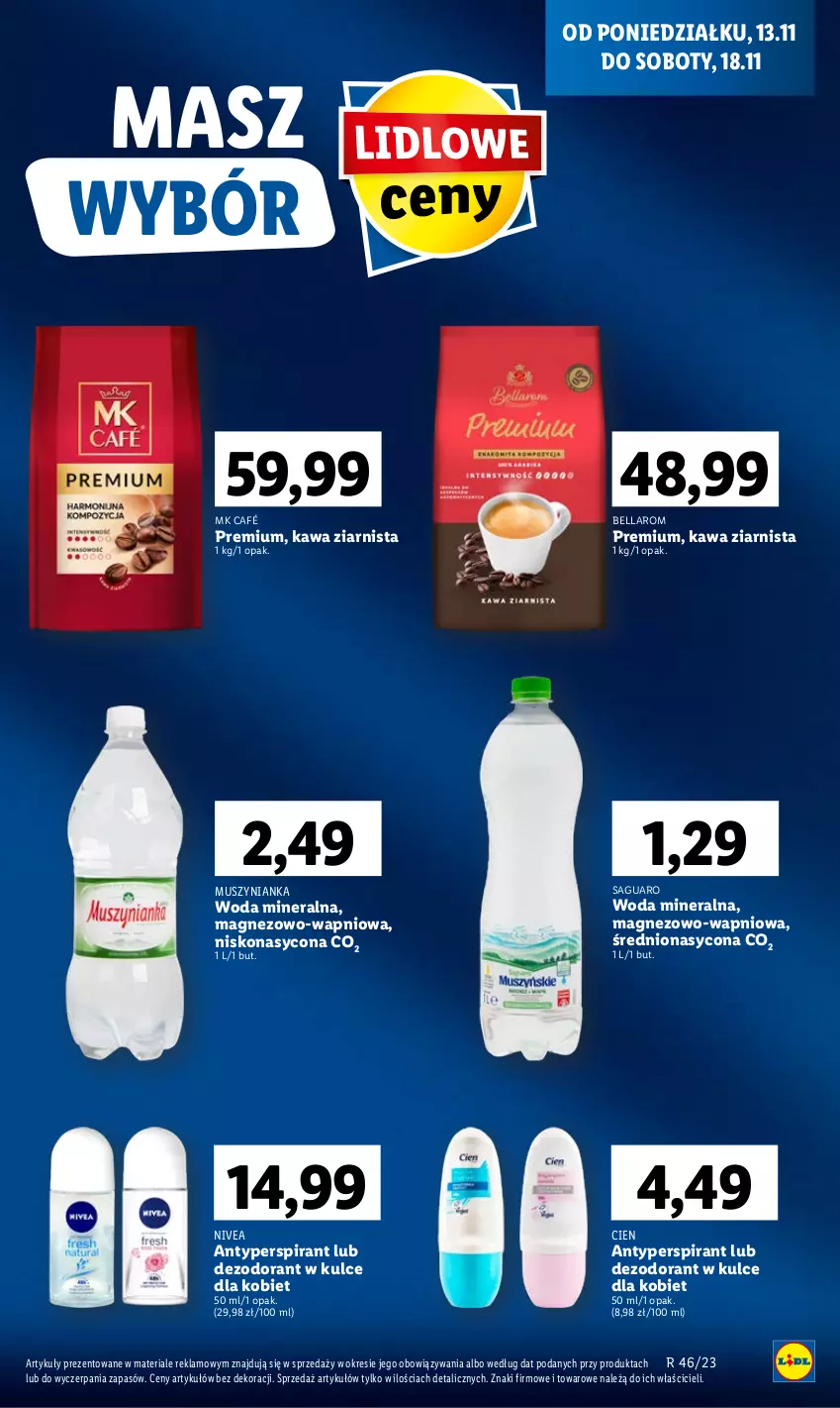 Gazetka promocyjna Lidl - GAZETKA - ważna 13.11 do 15.11.2023 - strona 21 - produkty: Antyperspirant, Bell, Bella, Dezodorant, Kawa, Kawa ziarnista, Magnez, Mus, Muszynianka, Nivea, Woda, Woda mineralna