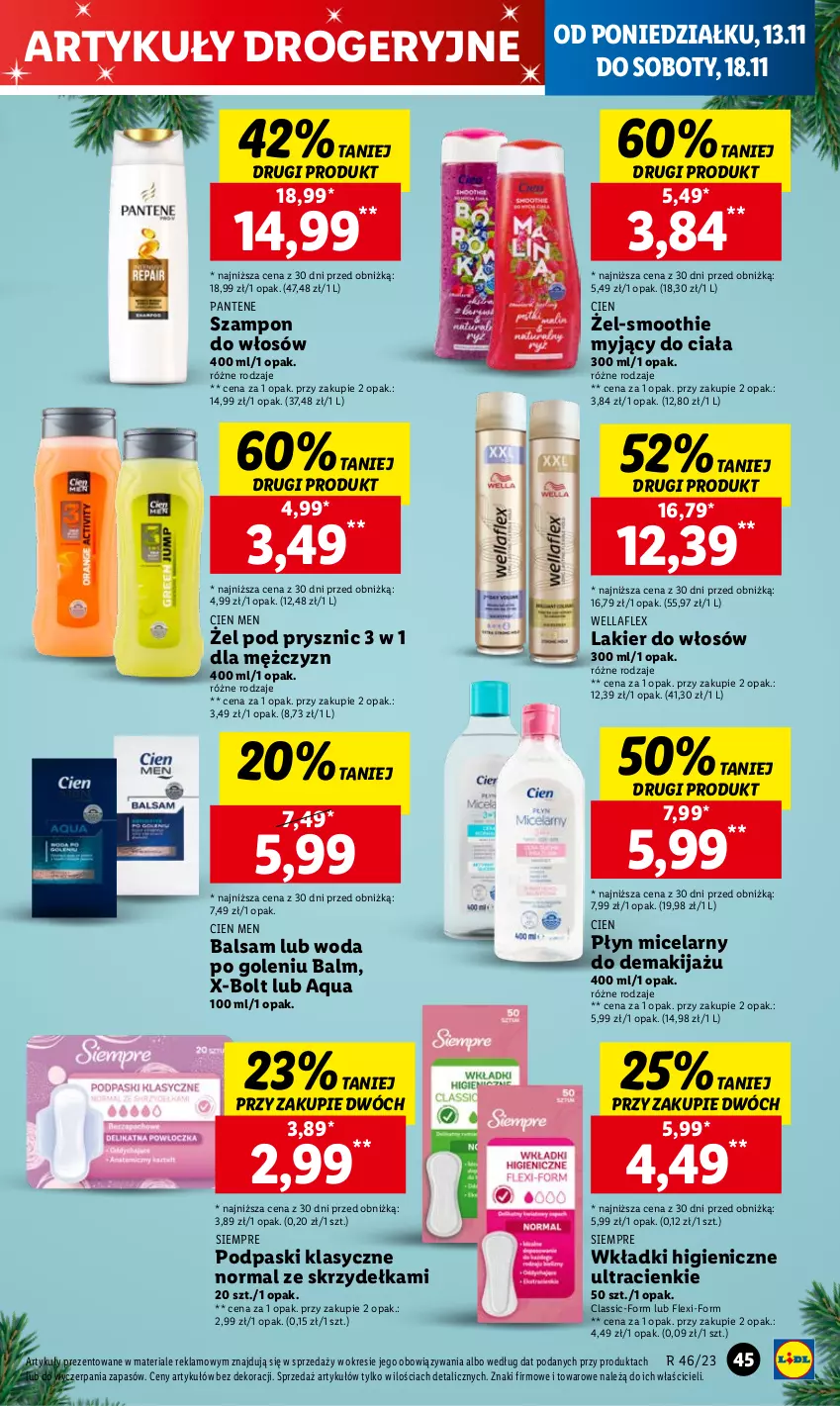 Gazetka promocyjna Lidl - GAZETKA - ważna 13.11 do 15.11.2023 - strona 61 - produkty: Lakier, Lakier do włosów, Makijaż, Pantene, Płyn micelarny, Podpaski, Smoothie, Szampon, Wella, Wellaflex, Wkładki, Woda, Woda po goleniu