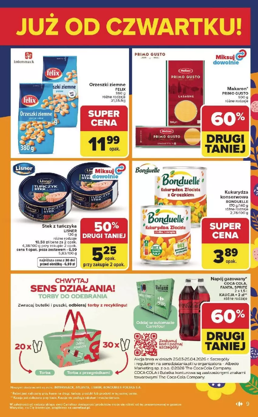Gazetka promocyjna Carrefour - Gazetka Weekend okazji już od czwartku! - ważna 26.03 do 29.03.2026 - strona 9 - produkty: Bonduelle, Coca-Cola, Fa, Fanta, Felix, Kukurydza, Lisner, Makaron, Napój, Napój gazowany, Orzeszki, Orzeszki ziemne, Ser, Sprite, Stek, Tuńczyk