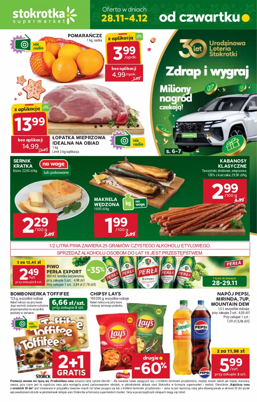 Gazetka promocyjna Stokrotka - Supermarket Opole/Radom - ważna 28.11 do 04.12.2024 - strona 1 - produkty: 7up, Chipsy, Gra, HP, Kabanos, Lay’s, Mirinda, Napój, Pepsi, Perła, Piwa, Piwo, Pomarańcze, Por, Ser, Toffifee