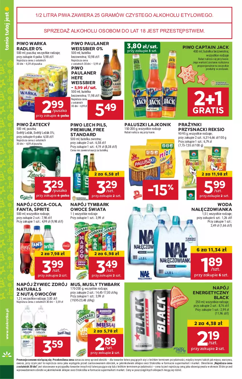 Gazetka promocyjna Stokrotka - Supermarket Opole/Radom - ważna 28.11 do 04.12.2024 - strona 36 - produkty: Captain Jack, Coca-Cola, Fa, Fanta, Gra, HP, Lack, Lajkonik, Mus, Nałęczowianka, Napój, Napój energetyczny, Owoce, Piwa, Piwo, Przysnacki, Radler, Sprite, Tymbark, Warka, Woda