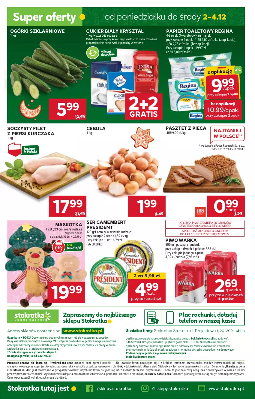 Gazetka promocyjna Stokrotka - Supermarket Opole/Radom - ważna 28.11 do 04.12.2024 - strona 48 - produkty: Camembert, Cebula, Cukier, Dres, Filet z piersi kurczaka, Gin, Gra, HP, JBL, Kurczak, Papier, Papier toaletowy, Pasztet, Piec, Piwa, Piwo, Président, Ser, Telefon, Warka