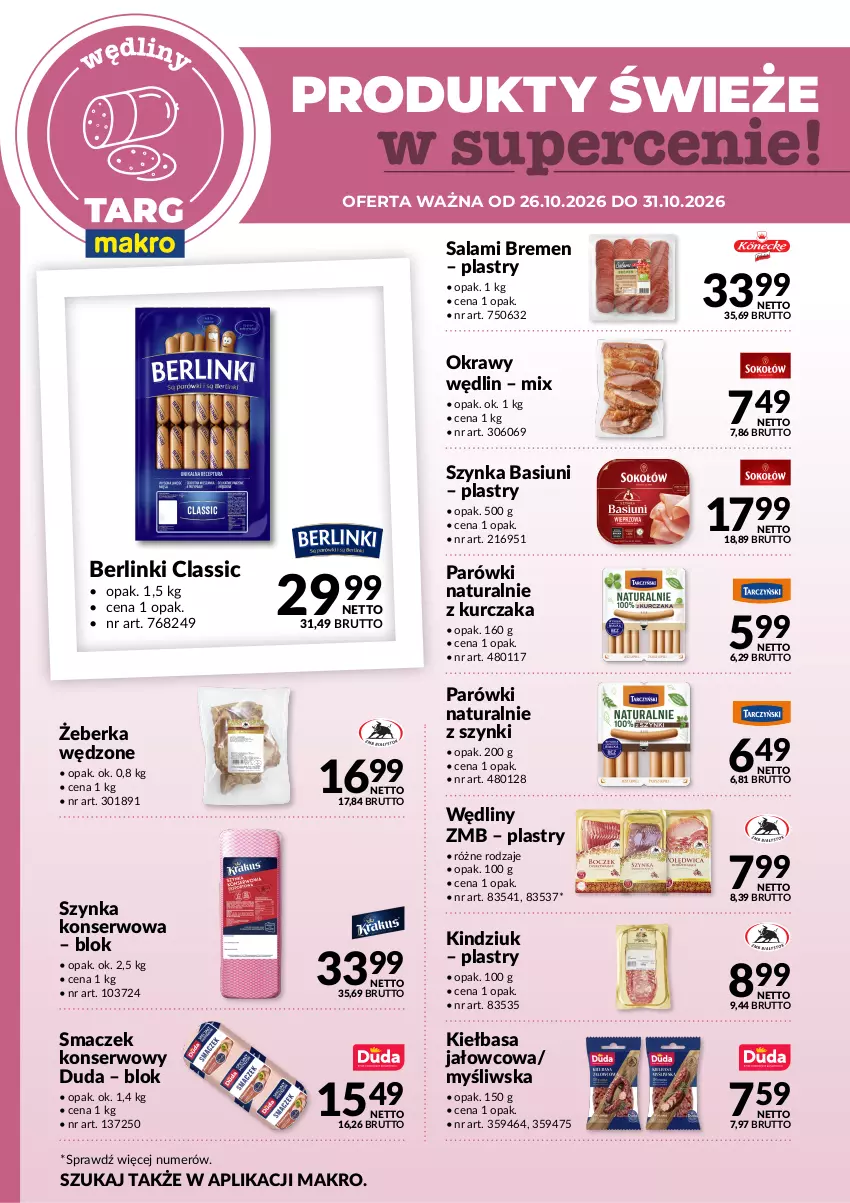 Gazetka promocyjna Makro - Targ MAKRO - oferta świeża w super cenach! - ważna 26.10 do 31.10.2026 - strona 3 - produkty: Berlinki, Duda, Kiełbasa, Kindziuk, Kurczak, Parówki, Salami, Ser, Szynka, Szynka konserwowa