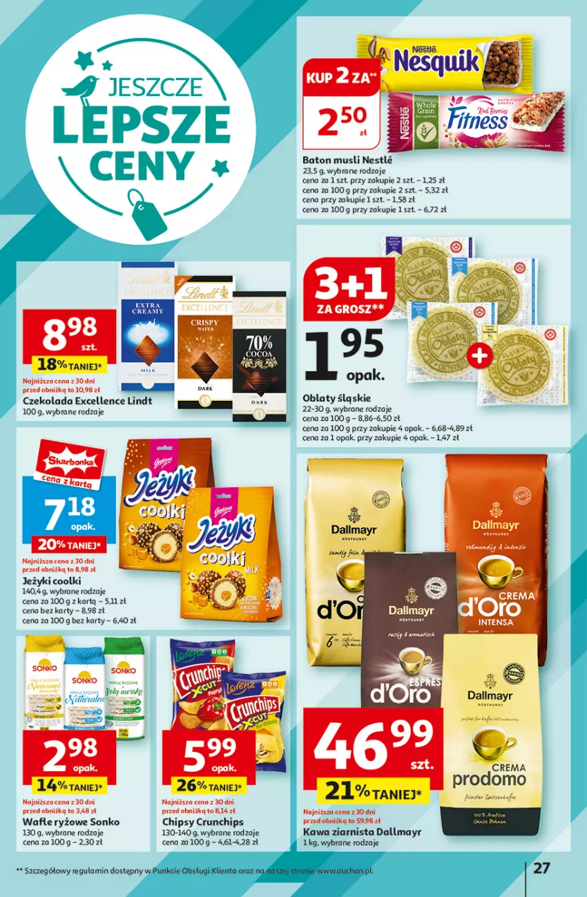 Gazetka promocyjna Auchan - Hipermarket - ważna 08.08 do 14.08.2024 - strona 29 - produkty: Baton, Chipsy, Crunchips, Czekolada, Dallmayr, Jeżyki, Kawa, Kawa ziarnista, Lindt, Mop, Mus, Ryż, Sonko, Wafle