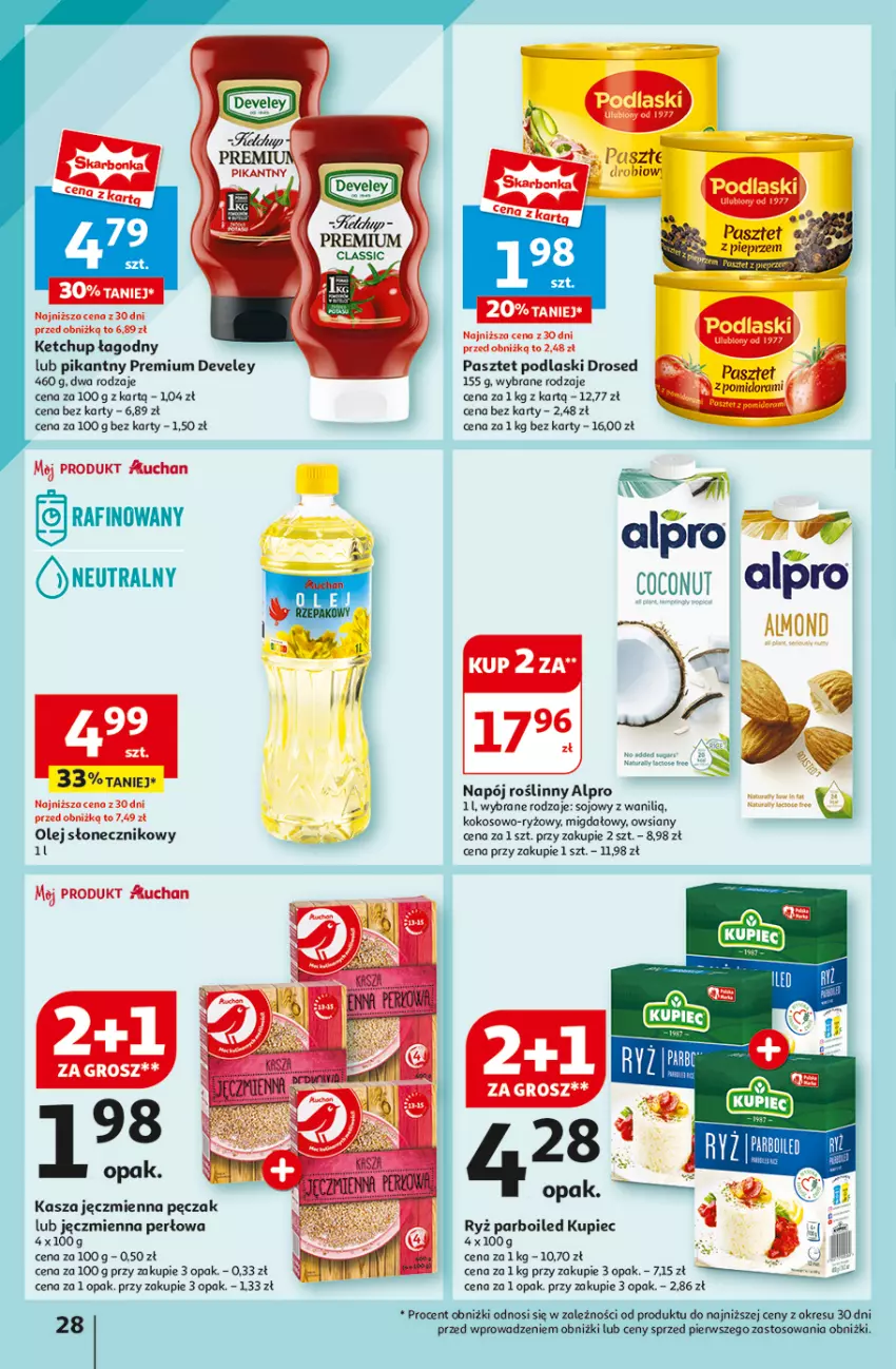 Gazetka promocyjna Auchan - Hipermarket - ważna 08.08 do 14.08.2024 - strona 30 - produkty: Alpro, Kasza, Kasza jęczmienna, Ketchup, Kokos, Kupiec, Napój, Napój roślinny, Olej, Olej słonecznikowy, Pasztet, Piec, Podlaski, Ryż, Ryż parboiled