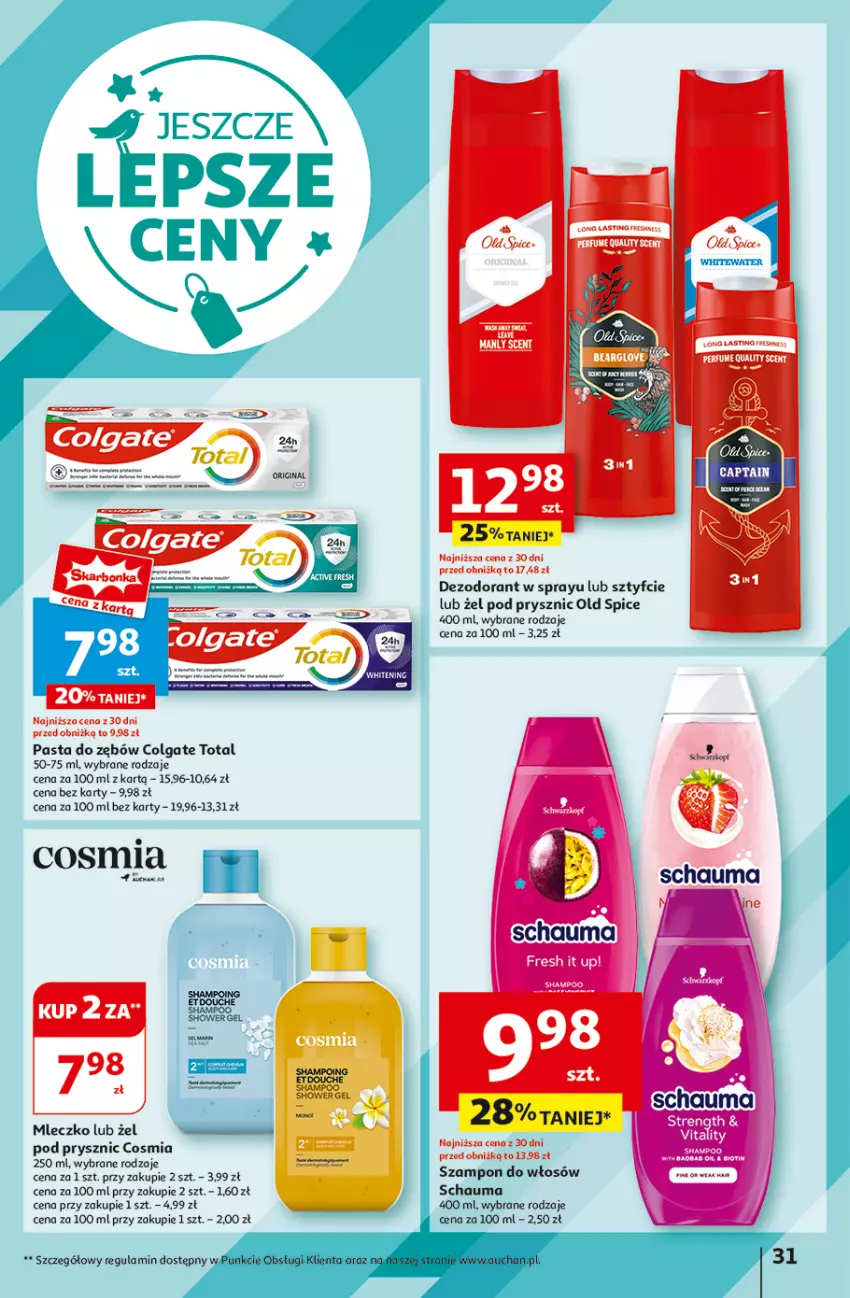 Gazetka promocyjna Auchan - Hipermarket - ważna 08.08 do 14.08.2024 - strona 33 - produkty: Colgate, Colgate Total, Dezodorant, Gin, LG, Mleczko, Old Spice, Pasta do zębów, Por, Schauma, Szampon