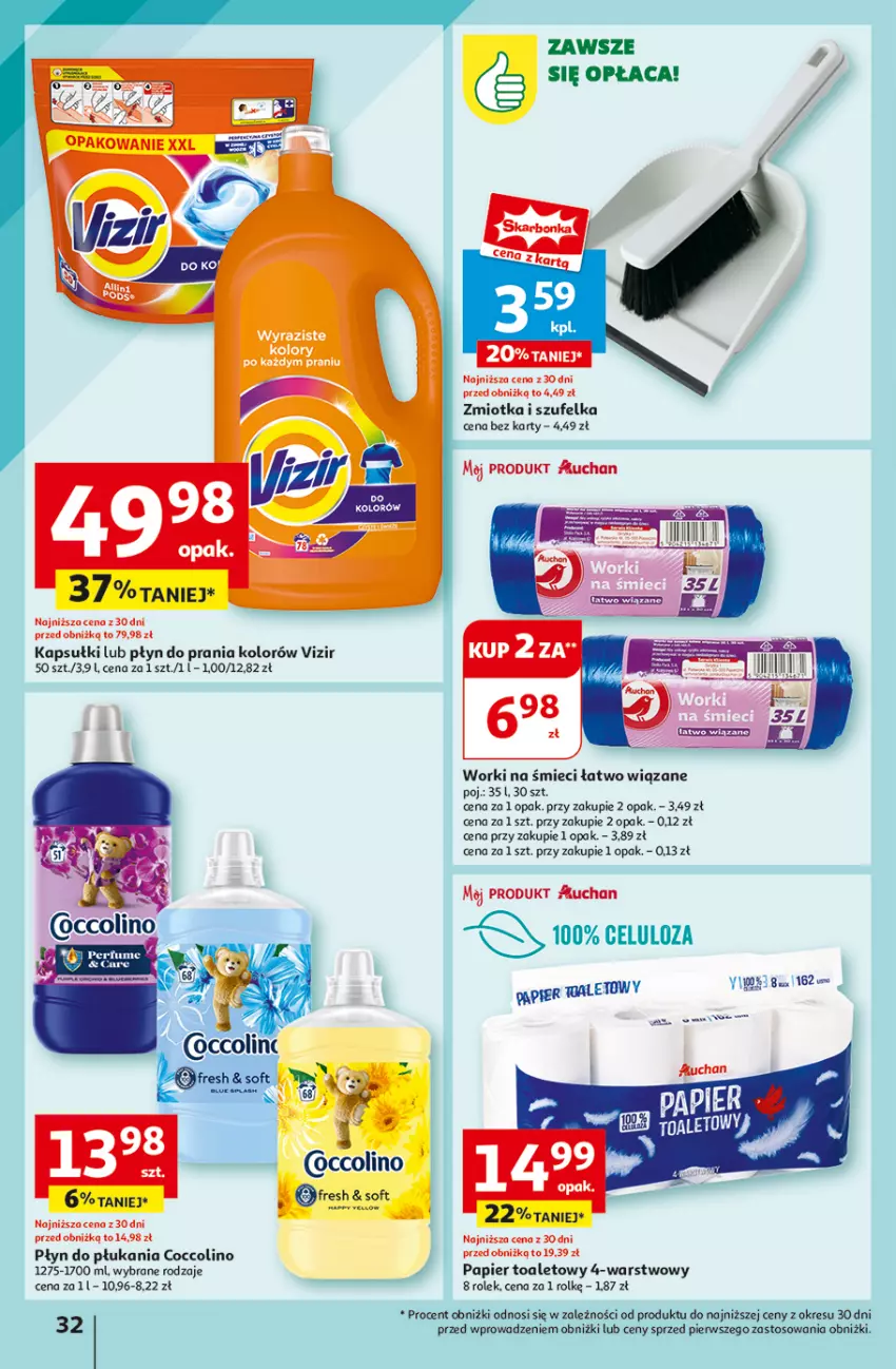 Gazetka promocyjna Auchan - Hipermarket - ważna 08.08 do 14.08.2024 - strona 34 - produkty: Coccolino, Papier, Papier toaletowy, Płyn do płukania, Płyn do prania, Por, Szufelka, Vizir, Worki na śmiec, Worki na śmieci