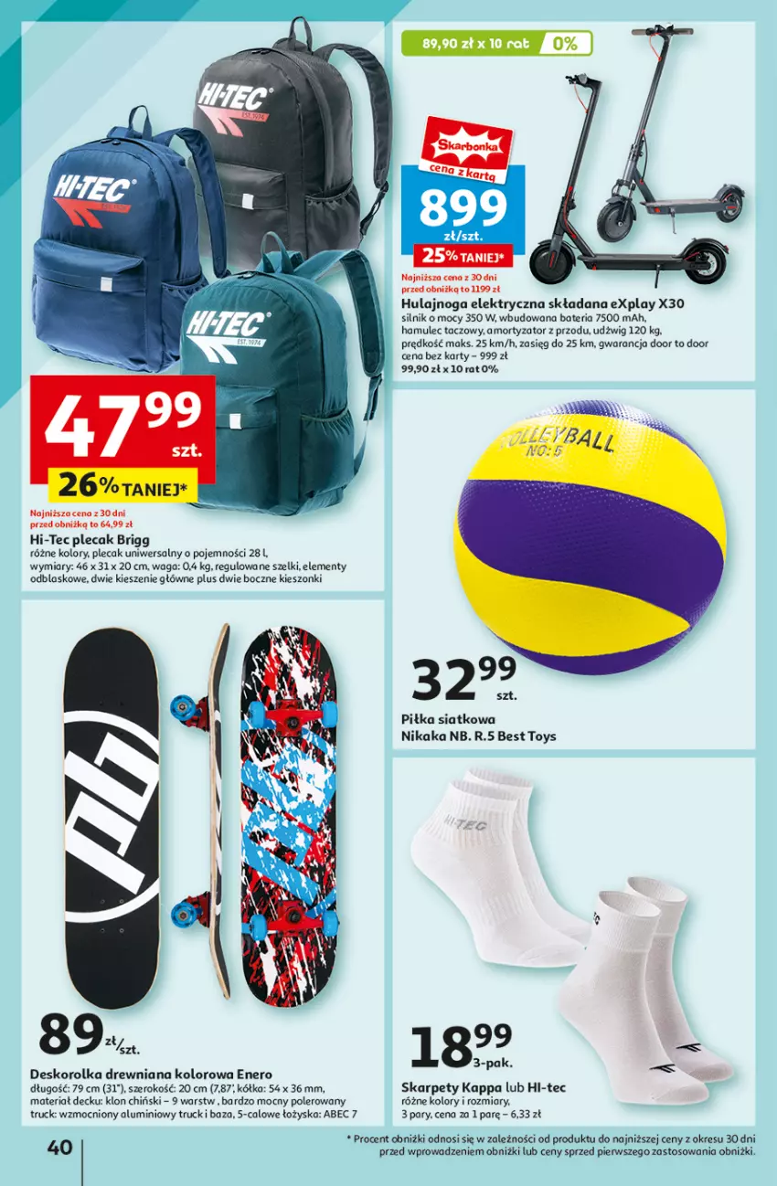 Gazetka promocyjna Auchan - Hipermarket - ważna 08.08 do 14.08.2024 - strona 48 - produkty: Bateria, Deskorolka, Dźwig, Hi-Tec, Hulajnoga, Hulajnoga elektryczna, Karp, Mule, Plecak, Waga