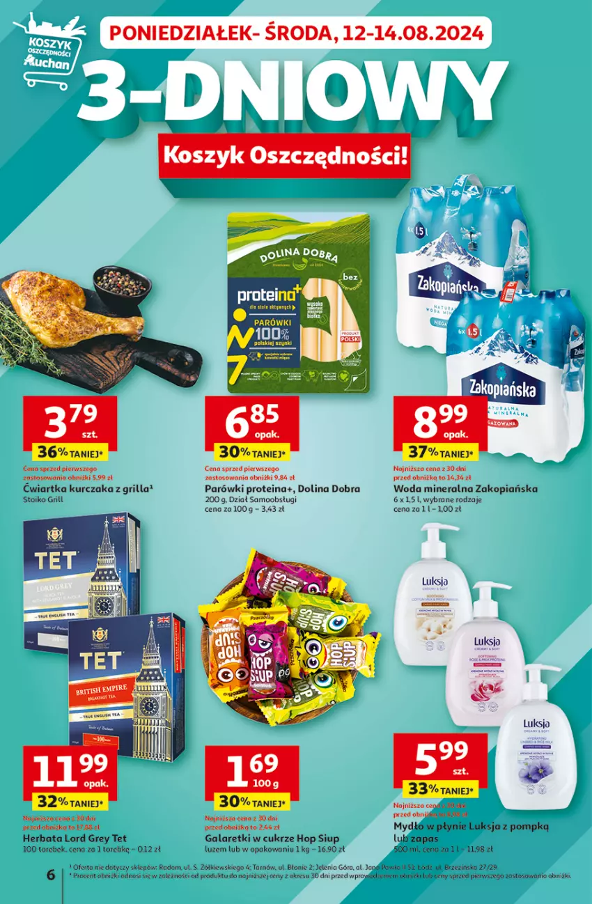 Gazetka promocyjna Auchan - Hipermarket - ważna 08.08 do 14.08.2024 - strona 6 - produkty: Gala, Galaretki, Grill, Herbata, Kurczak, Luksja, Mydło, Mydło w płynie, Parówki, Woda, Woda mineralna