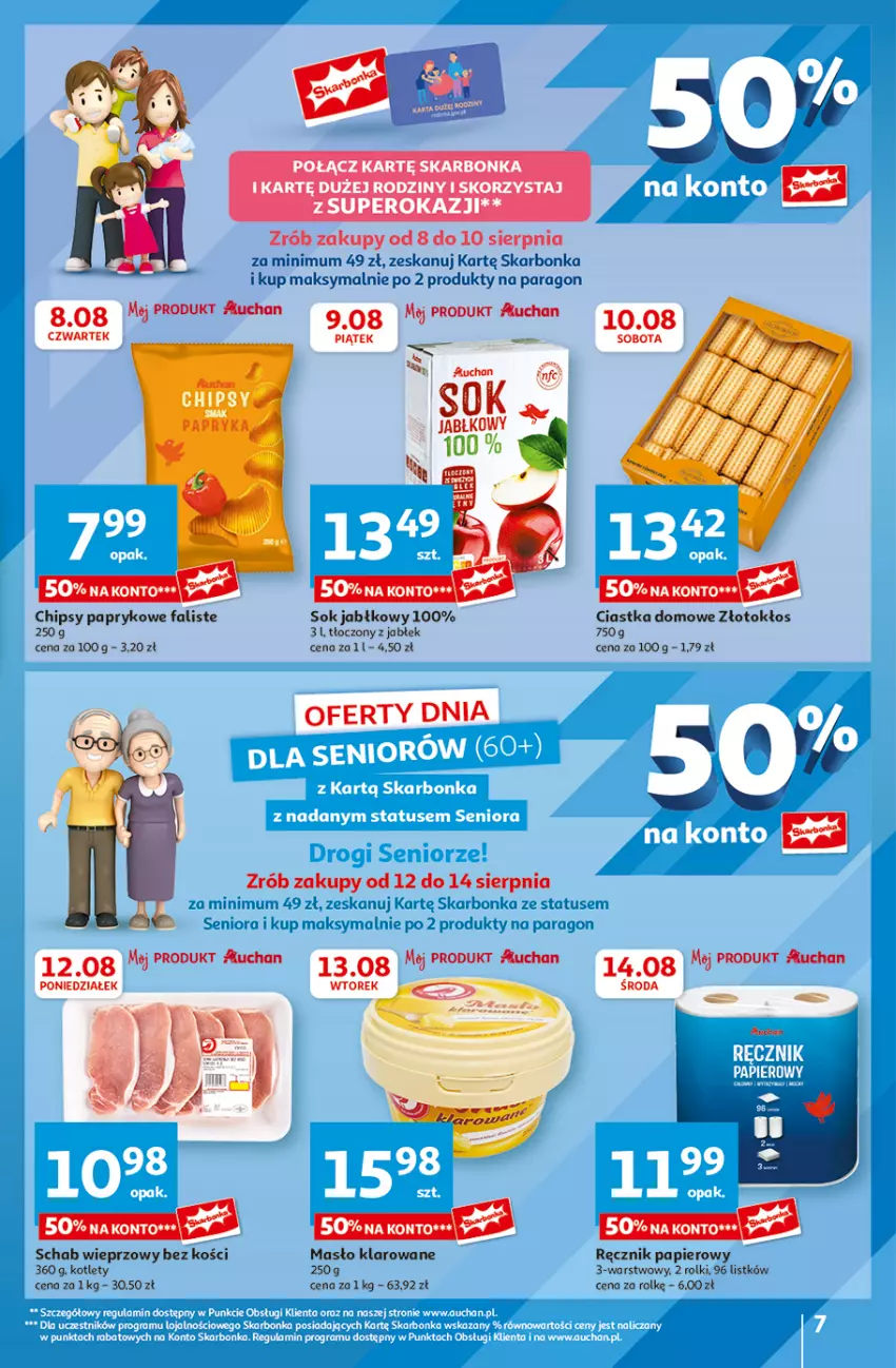 Gazetka promocyjna Auchan - Hipermarket - ważna 08.08 do 14.08.2024 - strona 7 - produkty: Chipsy, Ciastka, Fa, Gra, Kotlet, LG, Masło, Masło klarowane, Papier, Ręcznik, Rolki, Schab wieprzowy, Sok, Sok jabłkowy