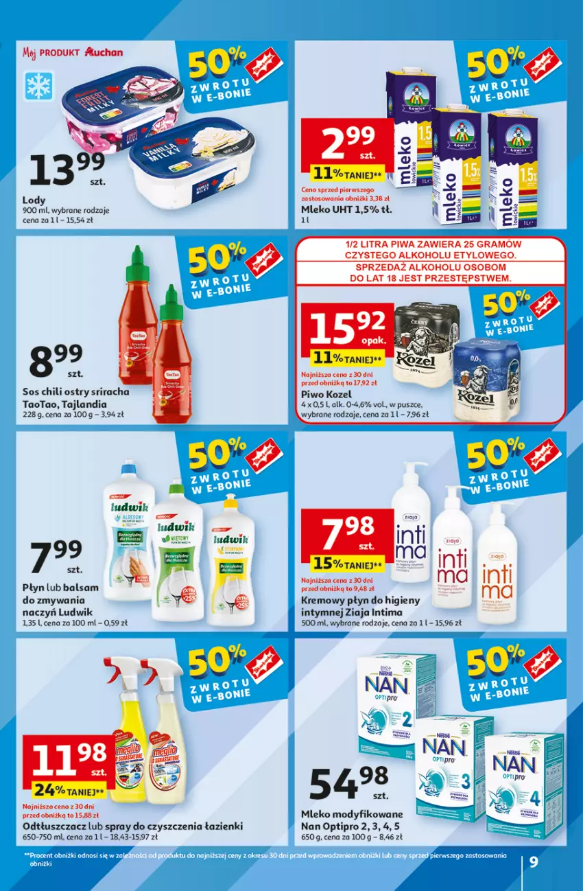 Gazetka promocyjna Auchan - Hipermarket - ważna 08.08 do 14.08.2024 - strona 9 - produkty: Gra, Kozel, Lody, Ludwik, Mleko, NAN Optipro, Odtłuszczacz, Piwa, Piwo, Sos, Spray do czyszczenia, TaoTao, Ziaja