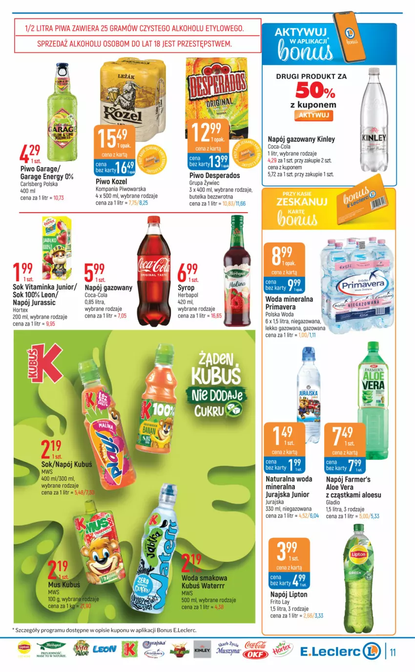 Gazetka promocyjna E Leclerc - ważna 23.05 do 03.06.2023 - strona 11 - produkty: Aloe vera, Carlsberg, Coca-Cola, Desperados, Fa, Gra, Herbapol, Hortex, Inka, Kozel, Leon, Lipton, Napój, Napój gazowany, Piwo, Sok, Syrop, Woda, Woda mineralna