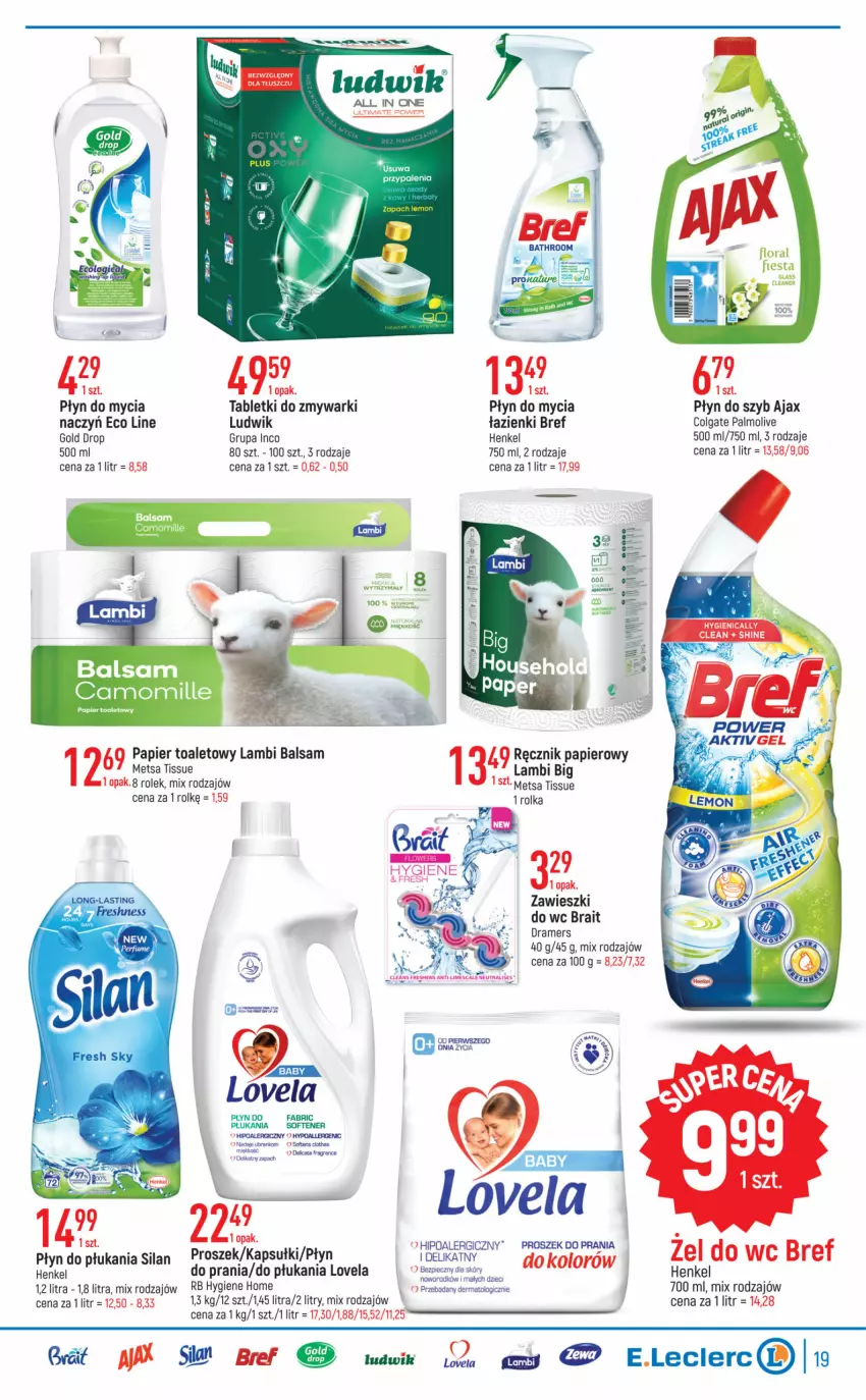 Gazetka promocyjna E Leclerc - ważna 23.05 do 03.06.2023 - strona 19 - produkty: Ajax, Bref, Colgate, Fa, HP, LG, Lovela, Ludwik, Palmolive, Papier, Papier toaletowy, Płyn do mycia, Płyn do płukania, Płyn do szyb, Proszek do prania, Ręcznik, Silan, Tablet, Tabletki do zmywarki, Zawieszki, Zmywarki